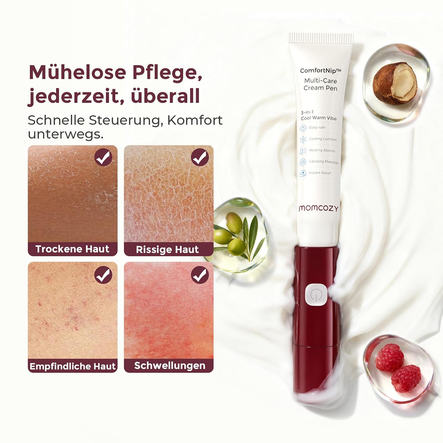 Detalle de Momcozy ComfortNip Brustwarzensalbe Stillen – 3-in-1 Wärme-/Kühl-/Vibrations-Stift mit Edelstahlkopf