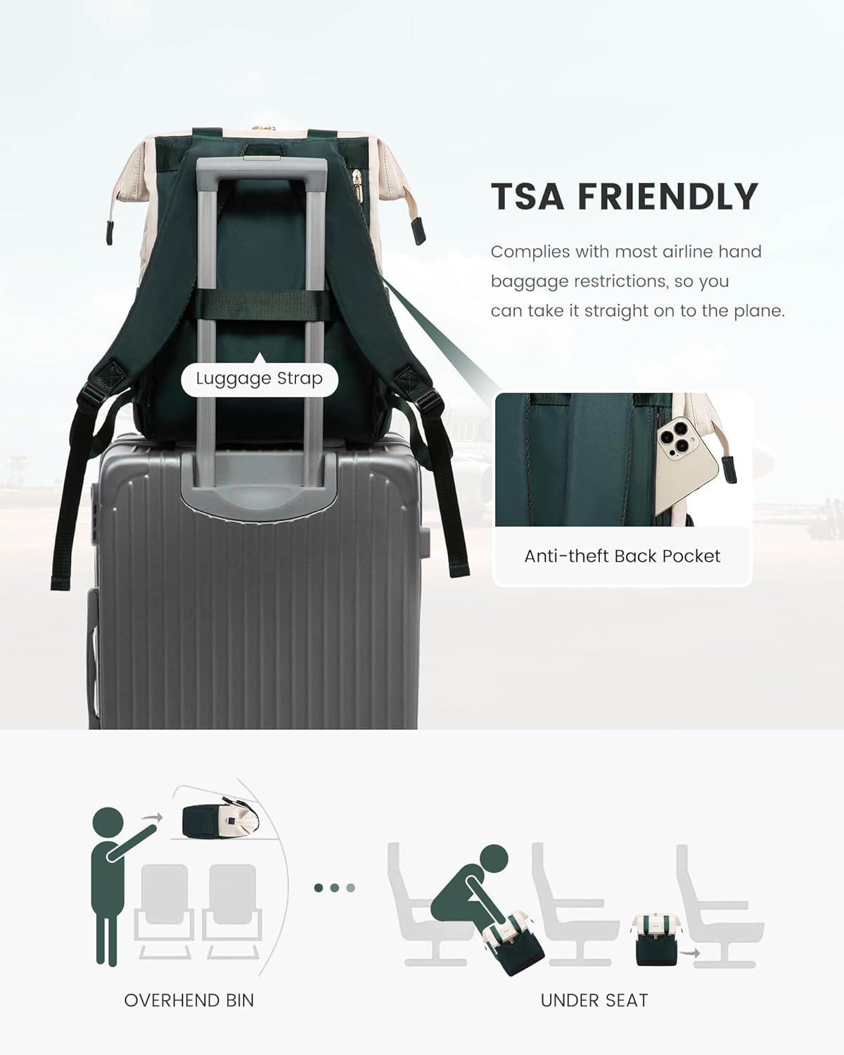 Thumbnail 3 de LOVEVOOK Backpack Womens: 15.6 inch Laptop Rucksack in Beige Green