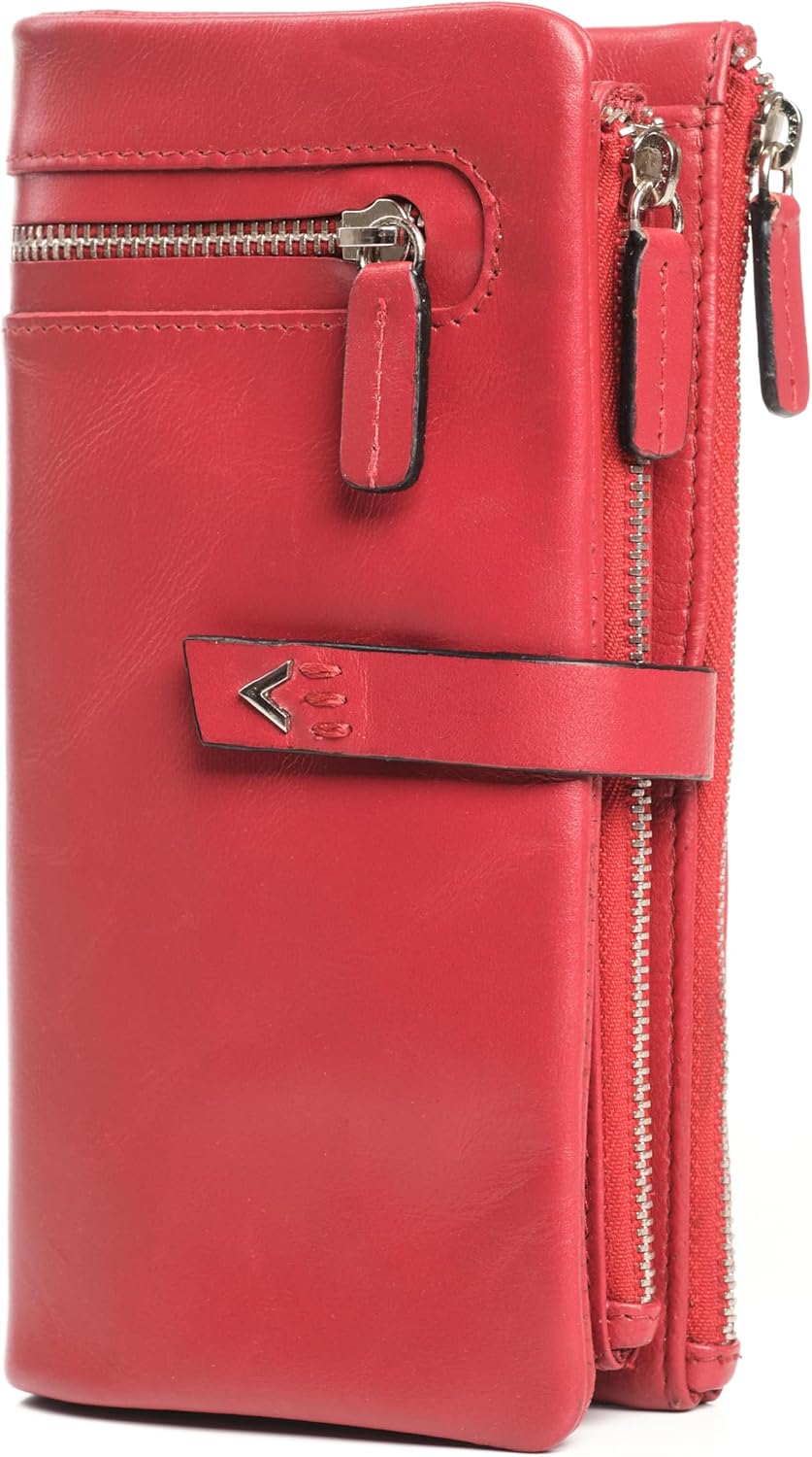 Detalle de Lavalen Portafoglio Donna in Pelle Vera — Portafoglio Grande Capacità con RFID, Rosso
