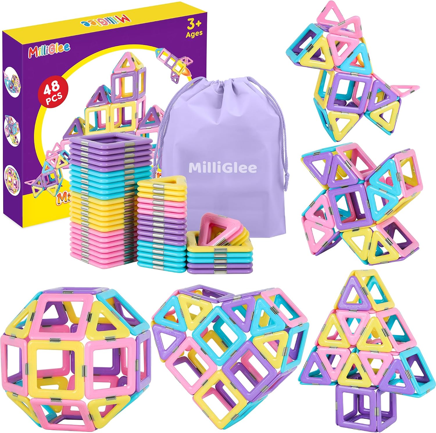 Detalle de MilliGlee Magnetic Building Blocks 48PCS magnetic tiles 🧩