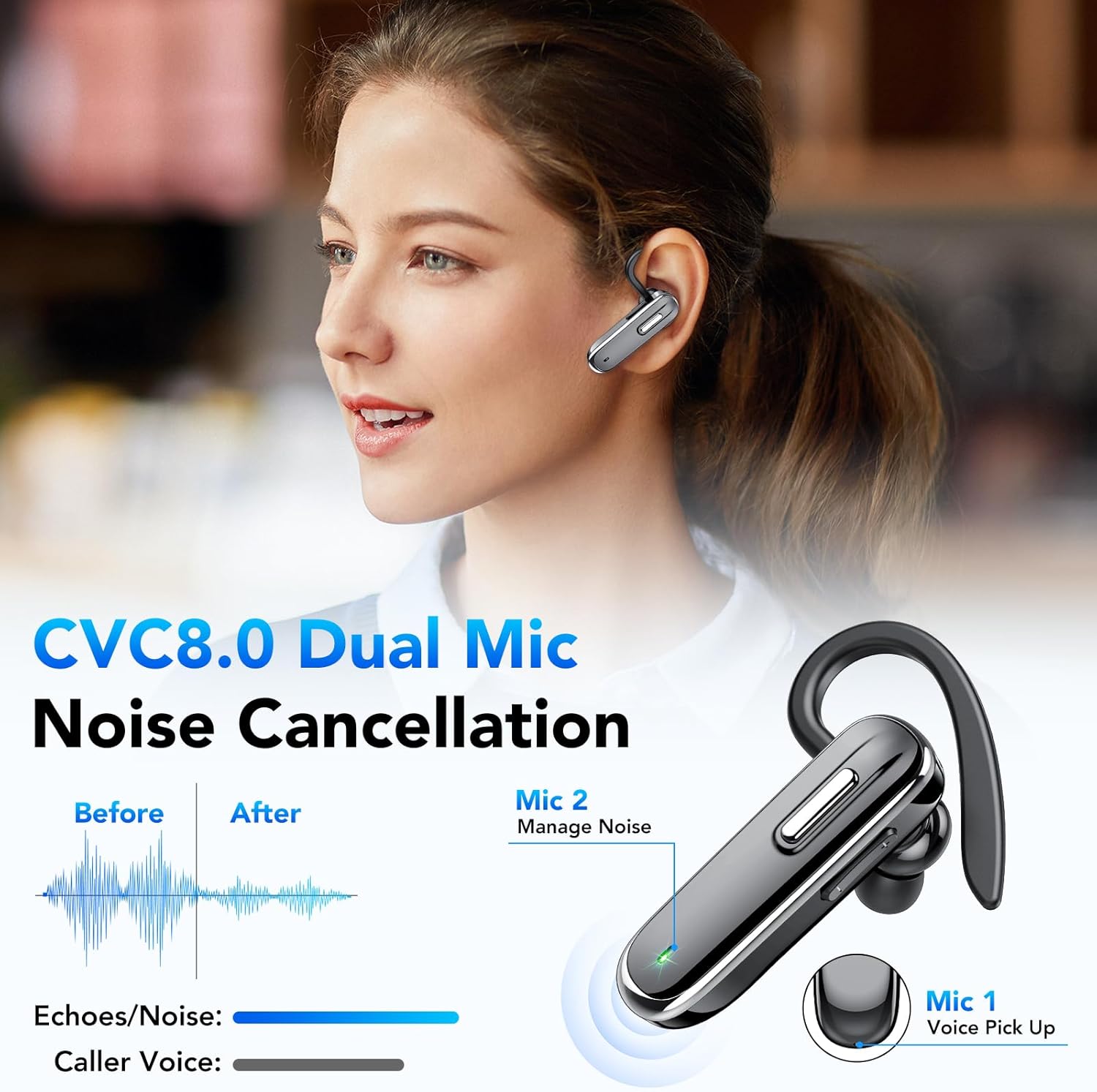 Thumbnail 3 de Cuffie Bluetooth con microfono LED CVC8.0 e custodia di ricarica (vivavoce, 100 ore) per iOS, Android e laptop