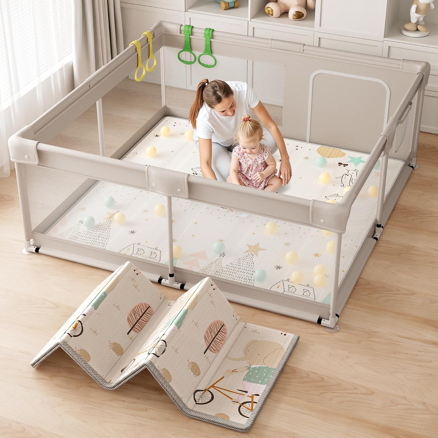 Lertantri Laufstall Baby 150×150 cm – XXL Laufgitter mit Spielmatte, atmungsaktivem Netz und Saugnäpfen