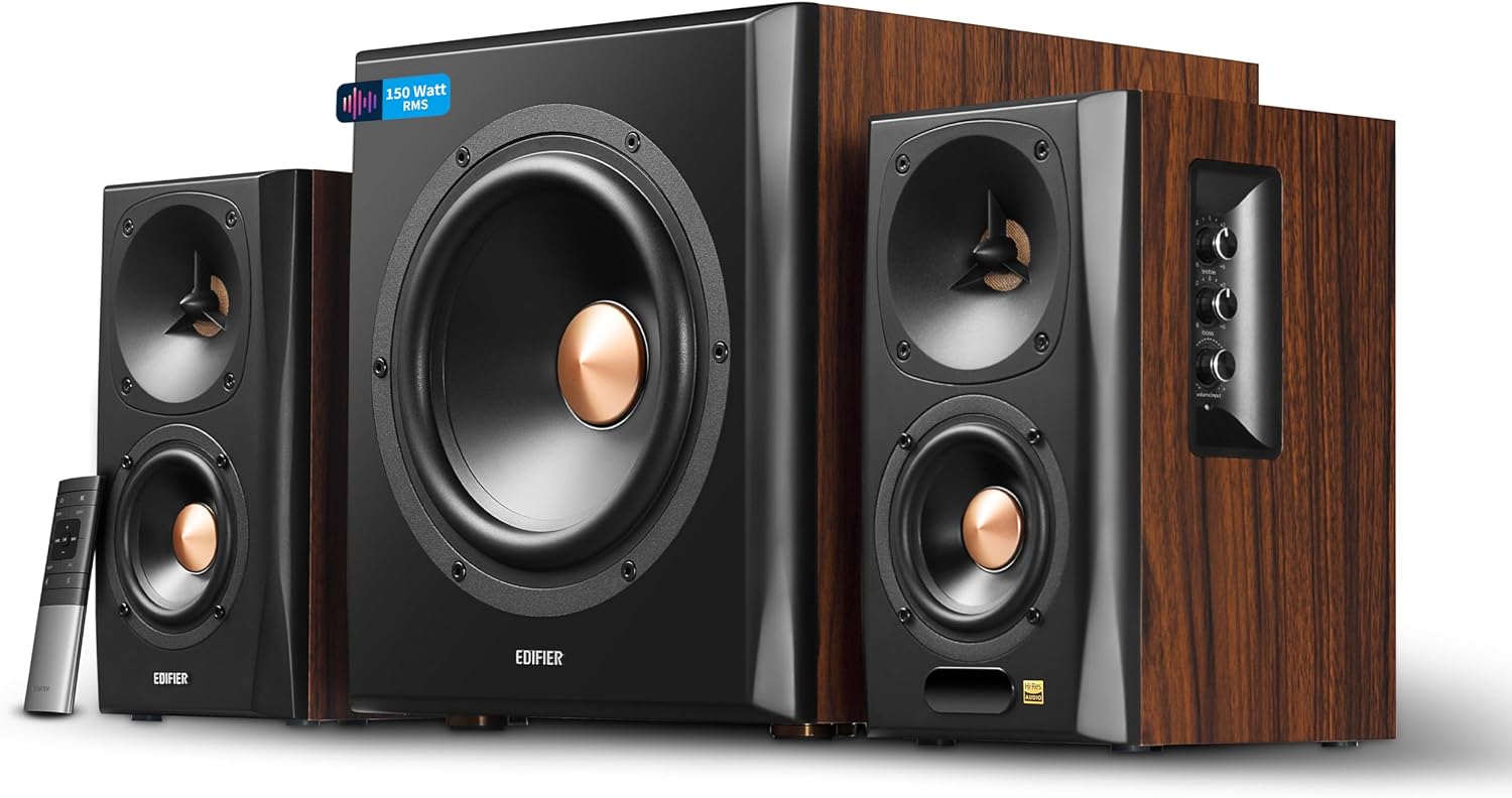 Detalle de Edifier S360DB 2.1 Regallautsprecher mit Subwoofer – Bluetooth 5.1 aptX, kabelloser Sound für Büro, Wohnzimmer und kleine Räume