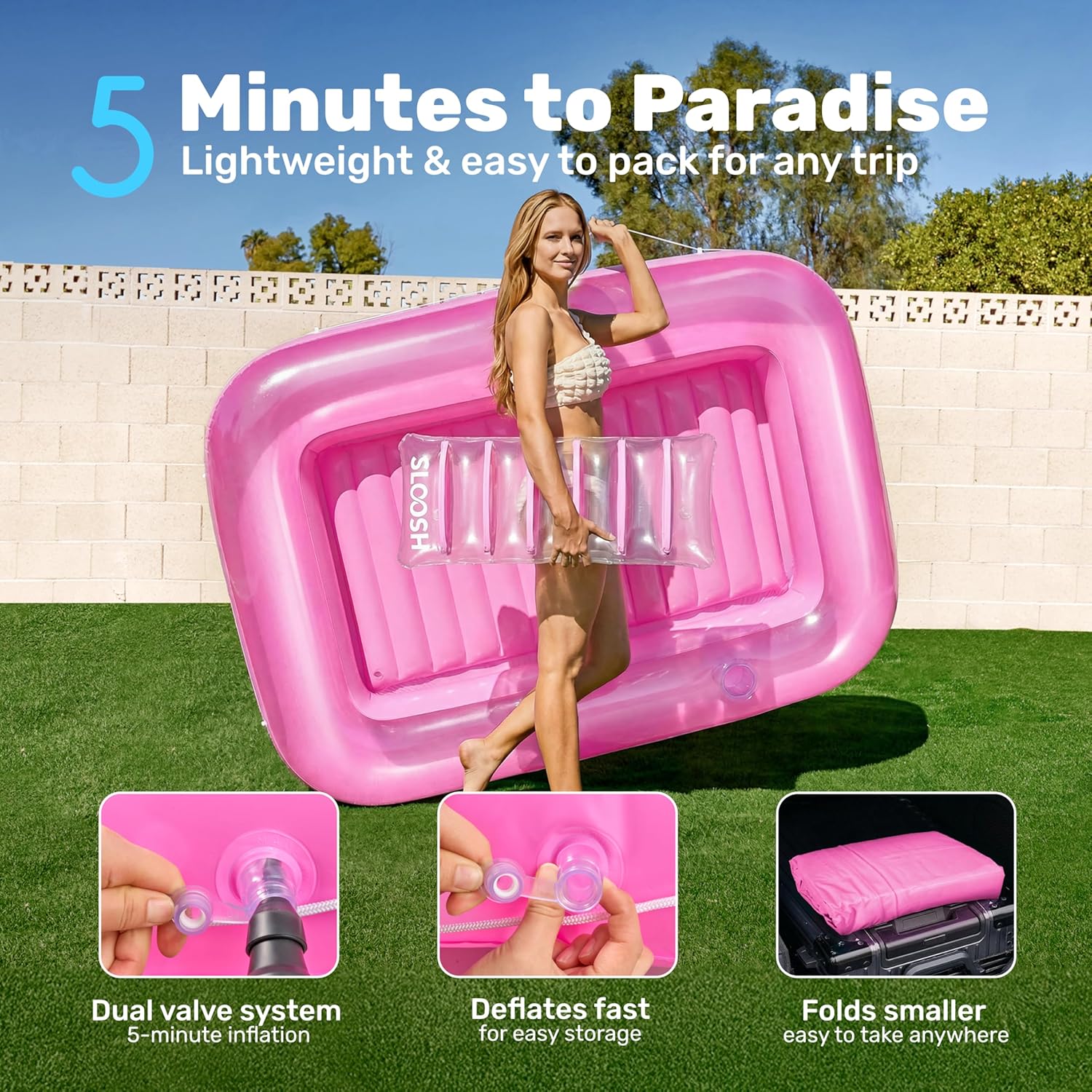 Thumbnail 5 de SLOOSH Inflatable Tanning Pool Lounger Float (70" x 46"), Pink - 4-in-1 Suntan Tub Raft