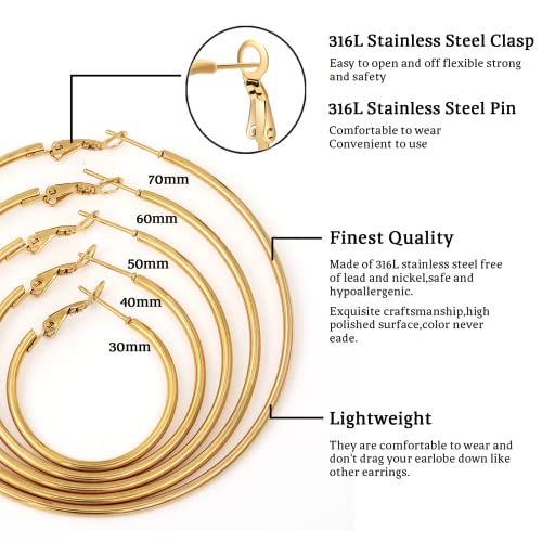 Thumbnail 4 de Senteria Gold Hoop Earrings for Women | Stainless Steel, Hypoallergenic, 30–70mm — 5-Pair Set