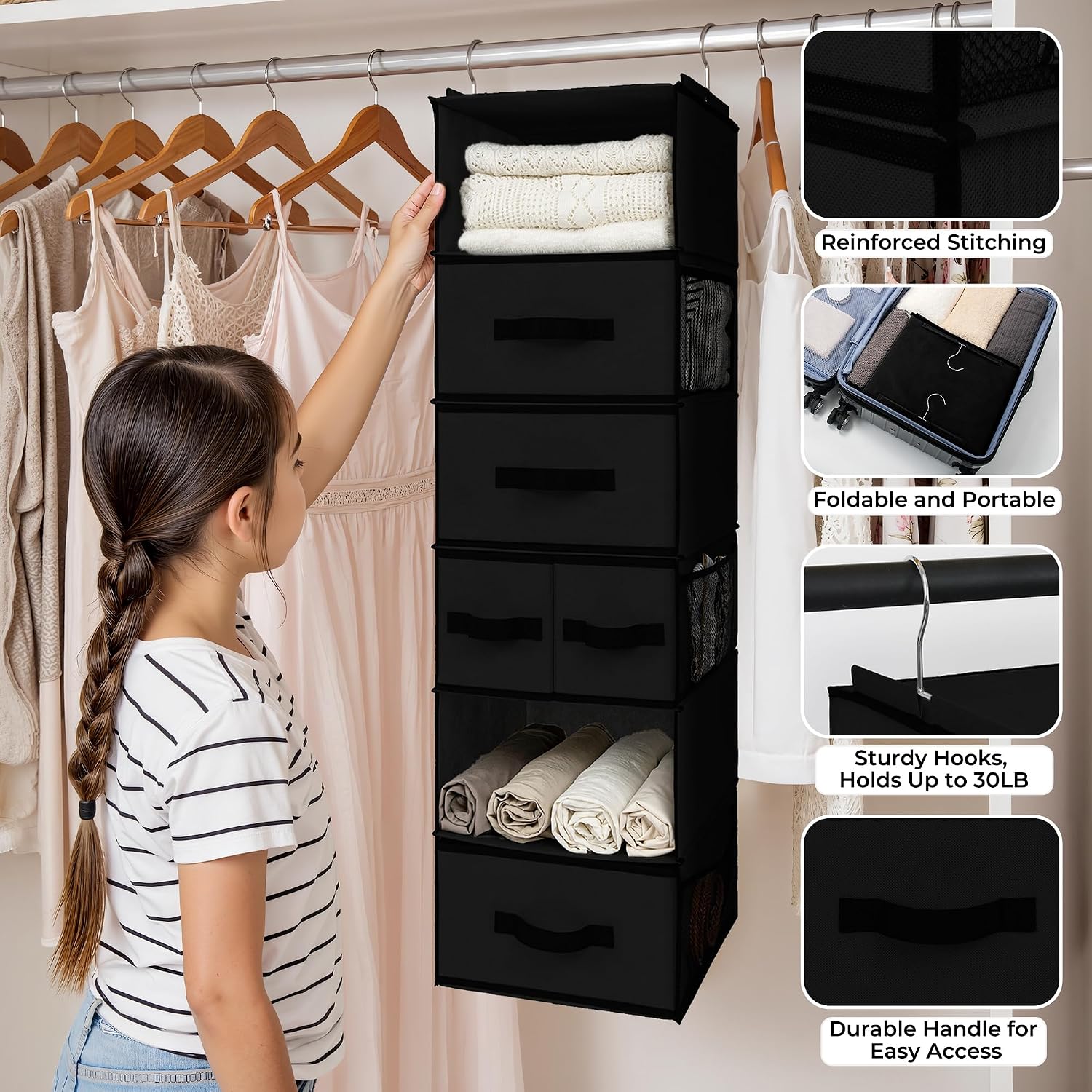 Thumbnail 3 de GRANNY SAYS GS4006 6-Shelf Hanging Closet Organizer with Drawers, Black