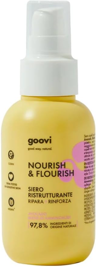 Detalle de Goovi Nourish and Flourish Siero Capelli Ristrutturante et Nutriente con Avocado, Biotina e Amminoacidi