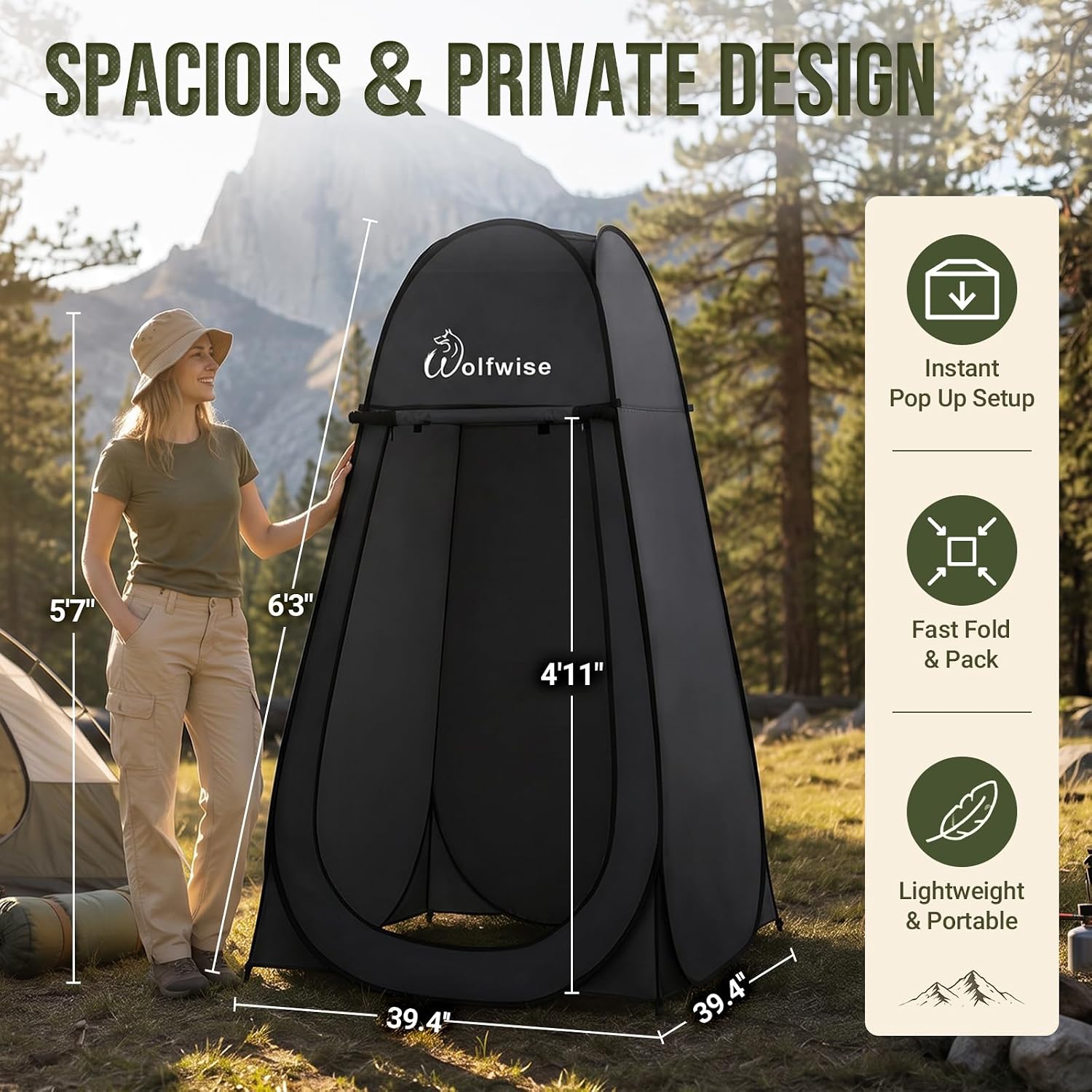 Detalle 2 de Wolfwise Pop Up Shower Tent for Camping (Instant Privacy Changing & Toilet Enclosure) – Portable Instant Setup, Ventilation Window