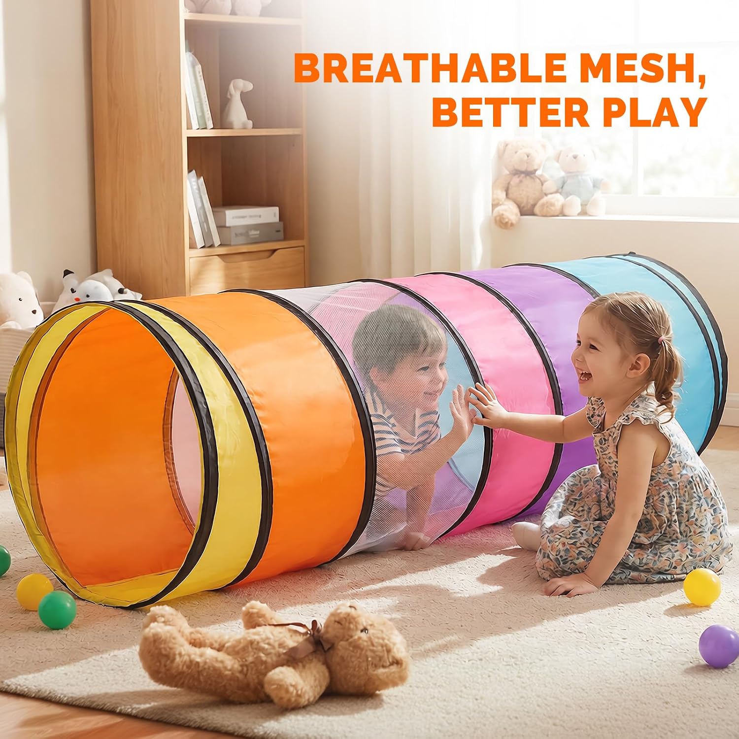 Detalle 2 de Tunnel Enfant coloré 180 cm – tente de jeux pop-up en maille respirante pour parcours de motricité