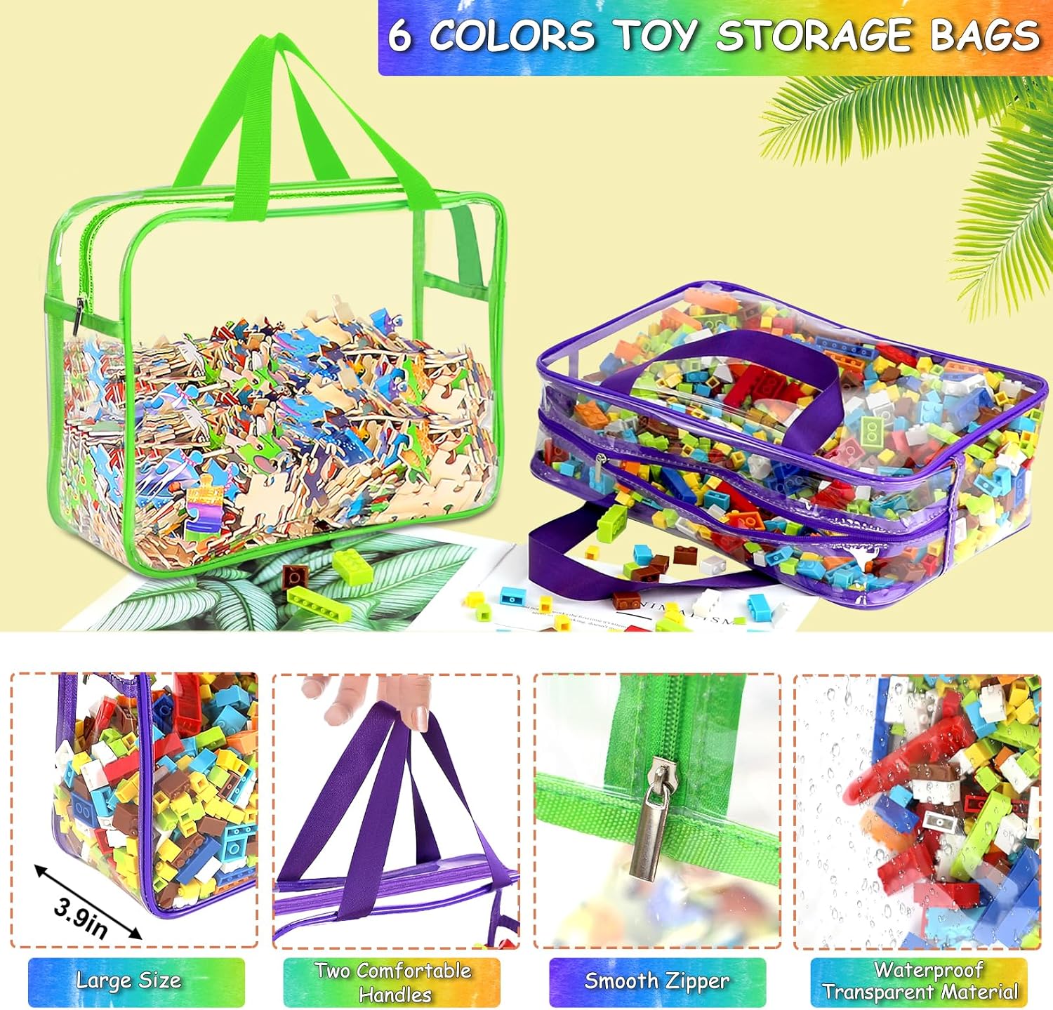 Detalle de 6 Color Large Toy Storage Bags with Labels – Reusable Clear PVC Organizer for Toys, Games, and Books