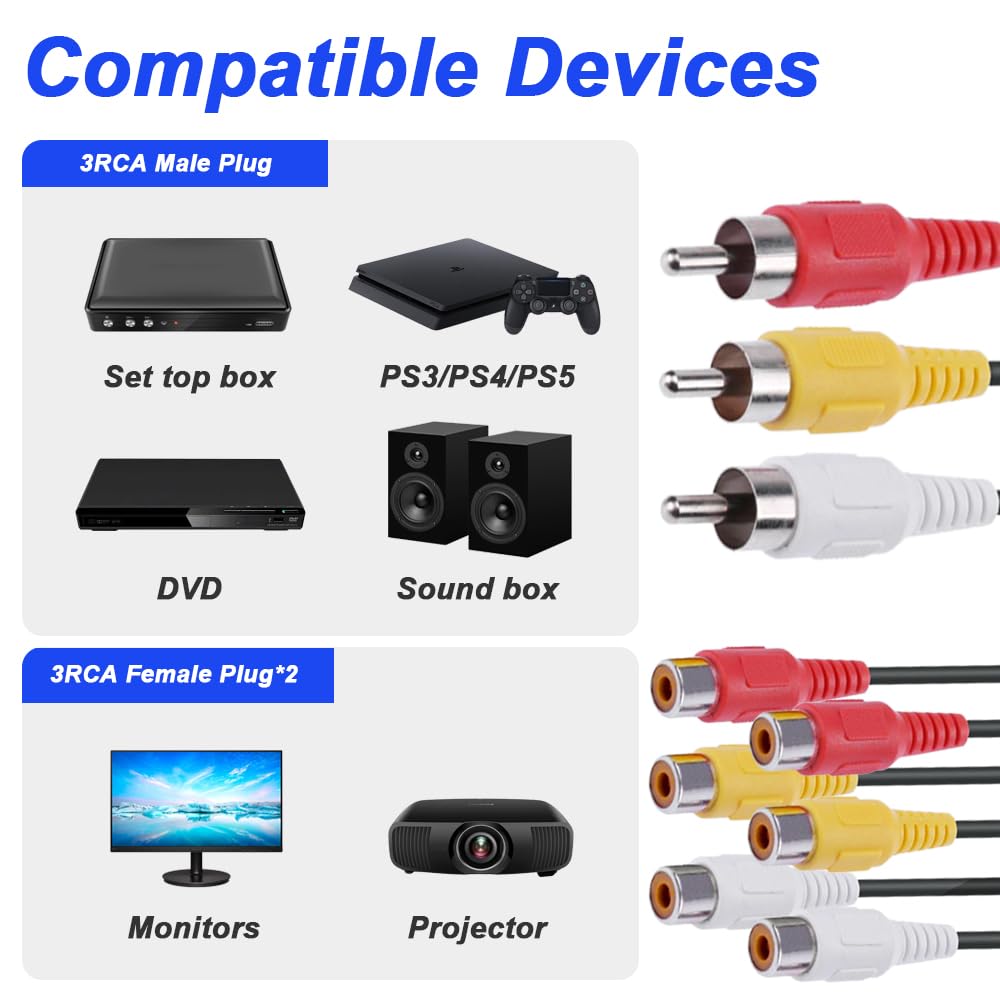 Thumbnail 2 de Xiatiaosann RCA Splitter Cable (3 RCA to 6 RCA) – AV adapter extension cords, 2-pack (32cm)