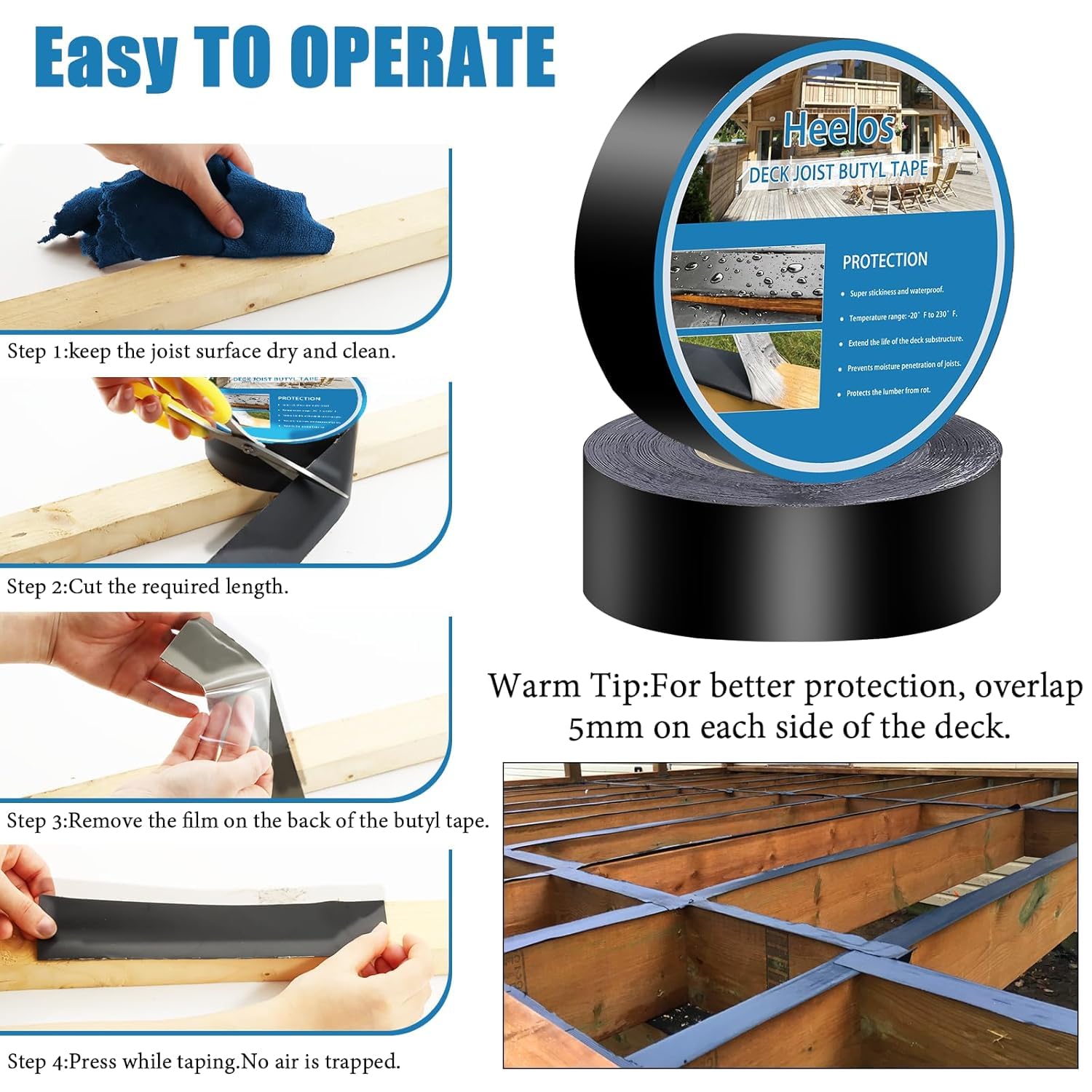 Detalle de Heelos Joist Tape for Decking 2''×50', 16 Pack: Weather-Resistant Butyl Tape for Wood Decks