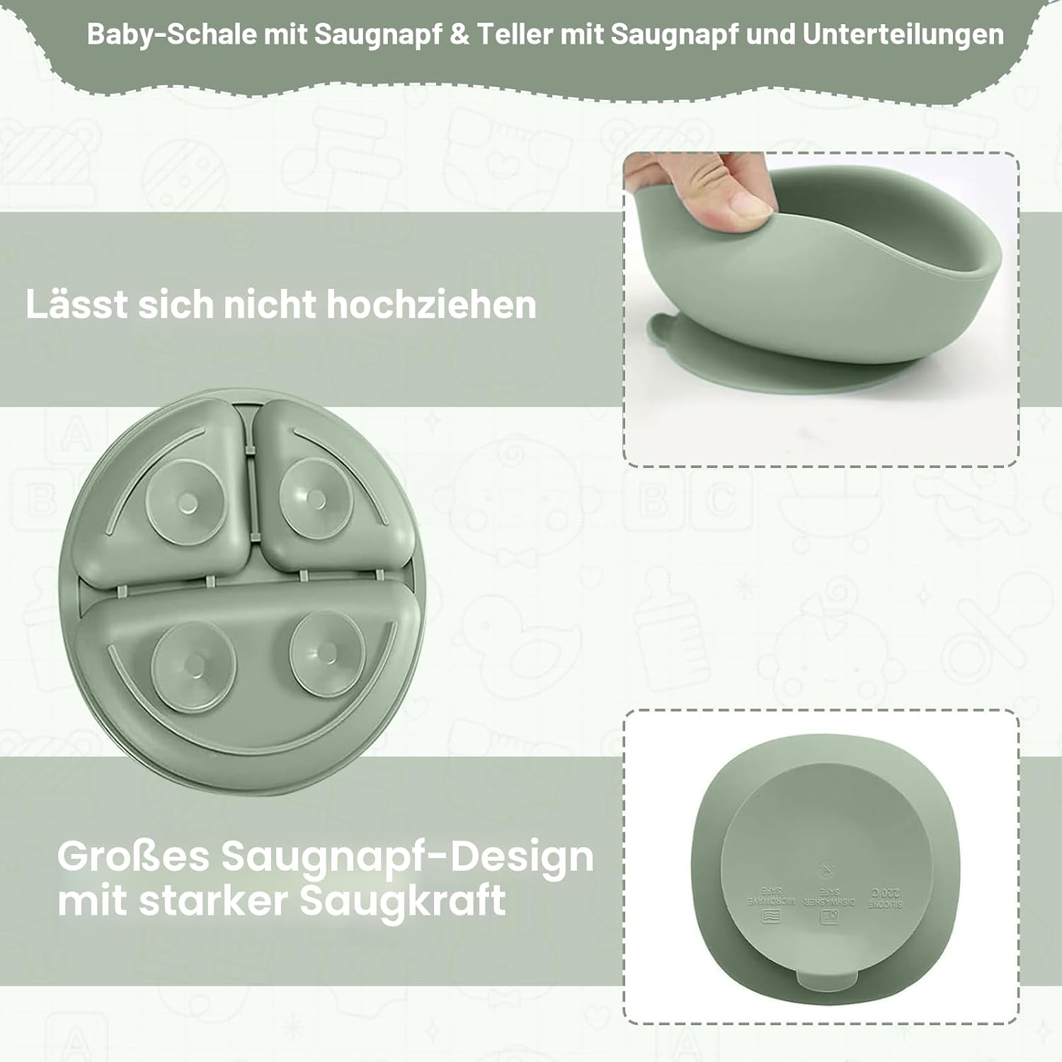 Thumbnail 4 de CUBTEM Baby Geschirrset (12-teilig) – Kindergeschirr mit Babylöffel, Trinklernbecher, Saugnapf & Silikon-Lätzchen