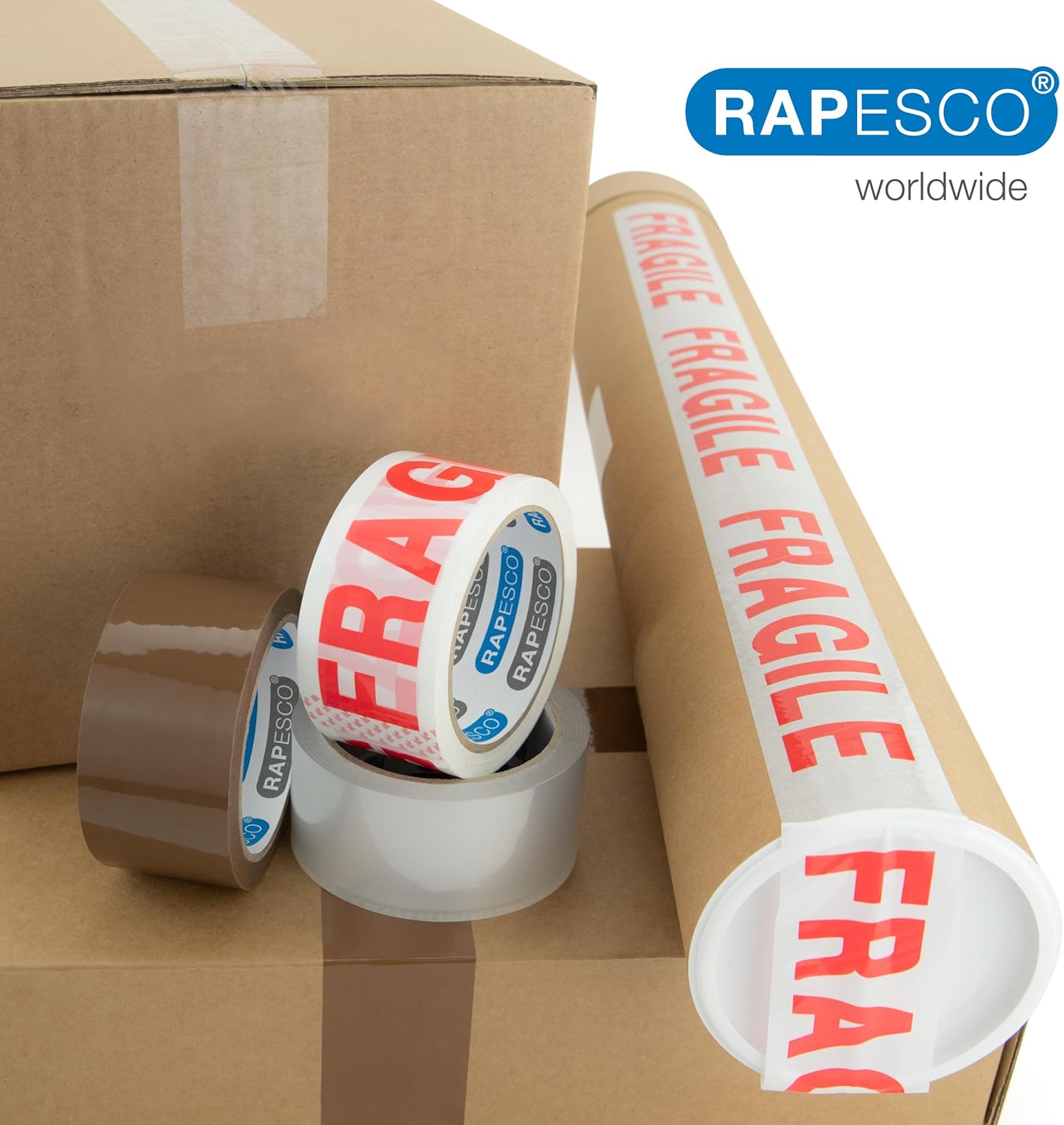 Detalle 2 de RAPESCO 1687 Rotoli Nastro da Imballaggio 50 mm x 50 m – 6 rotoli (2 Marroni, 2 Trasparenti, 2 FRAGILE)