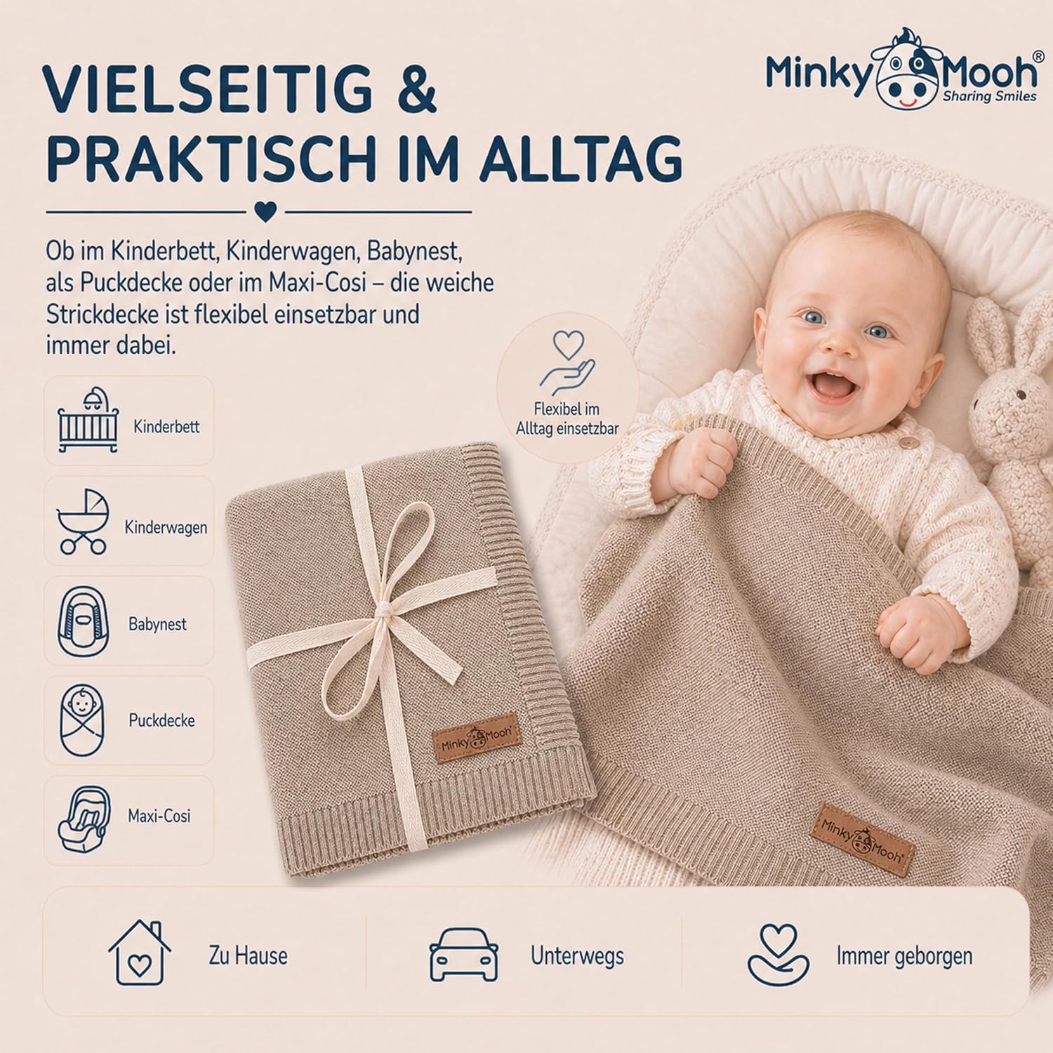 Thumbnail 4 de Minky Mooh® Babydecke aus 100% Bio-Baumwolle, Öko-Tex 100, Taupe 94 x 72 cm