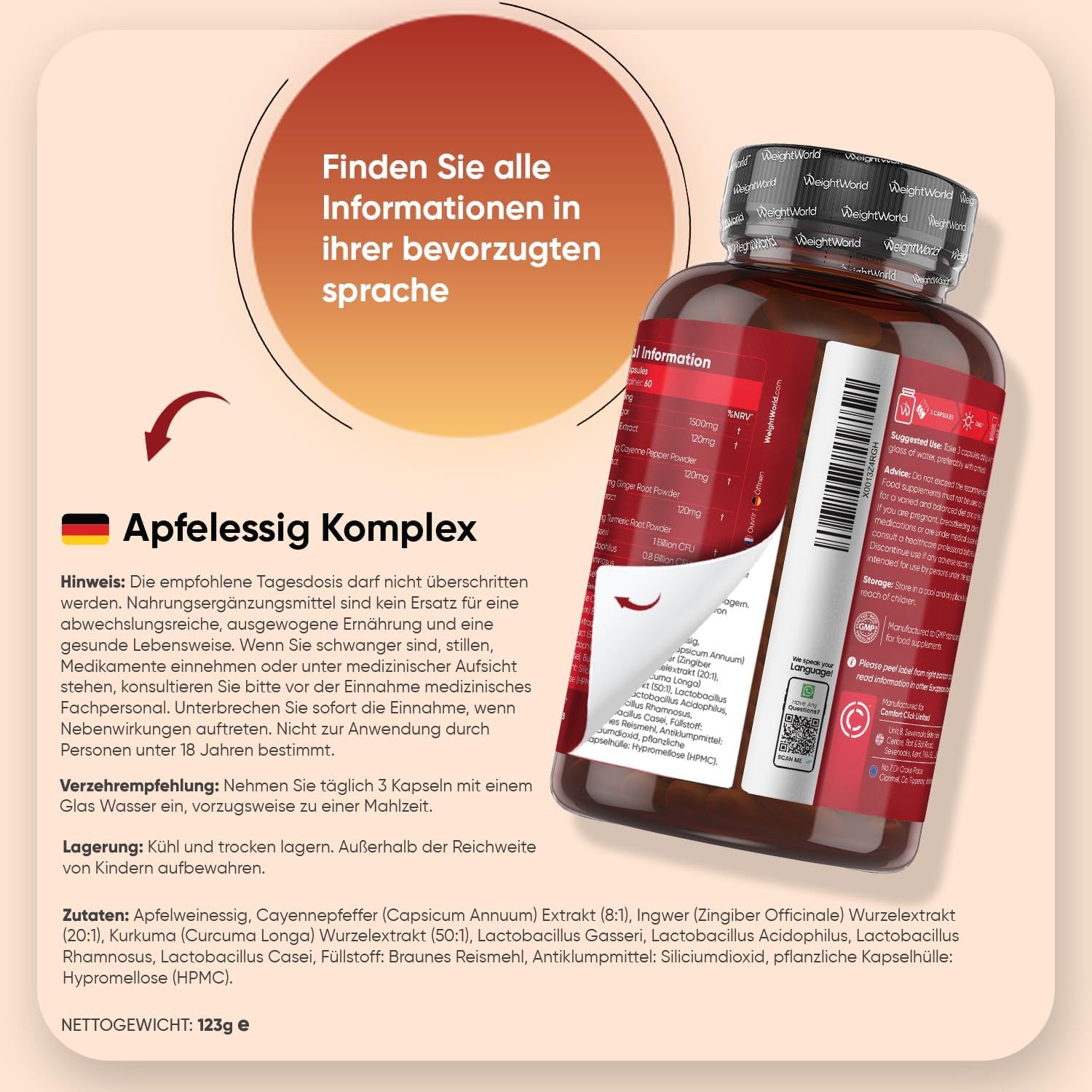 Thumbnail 3 de WeightWorld Apfelessig Kapseln mit 1860 mg Apfelwein-Essig-Komplex (180 Kapseln)