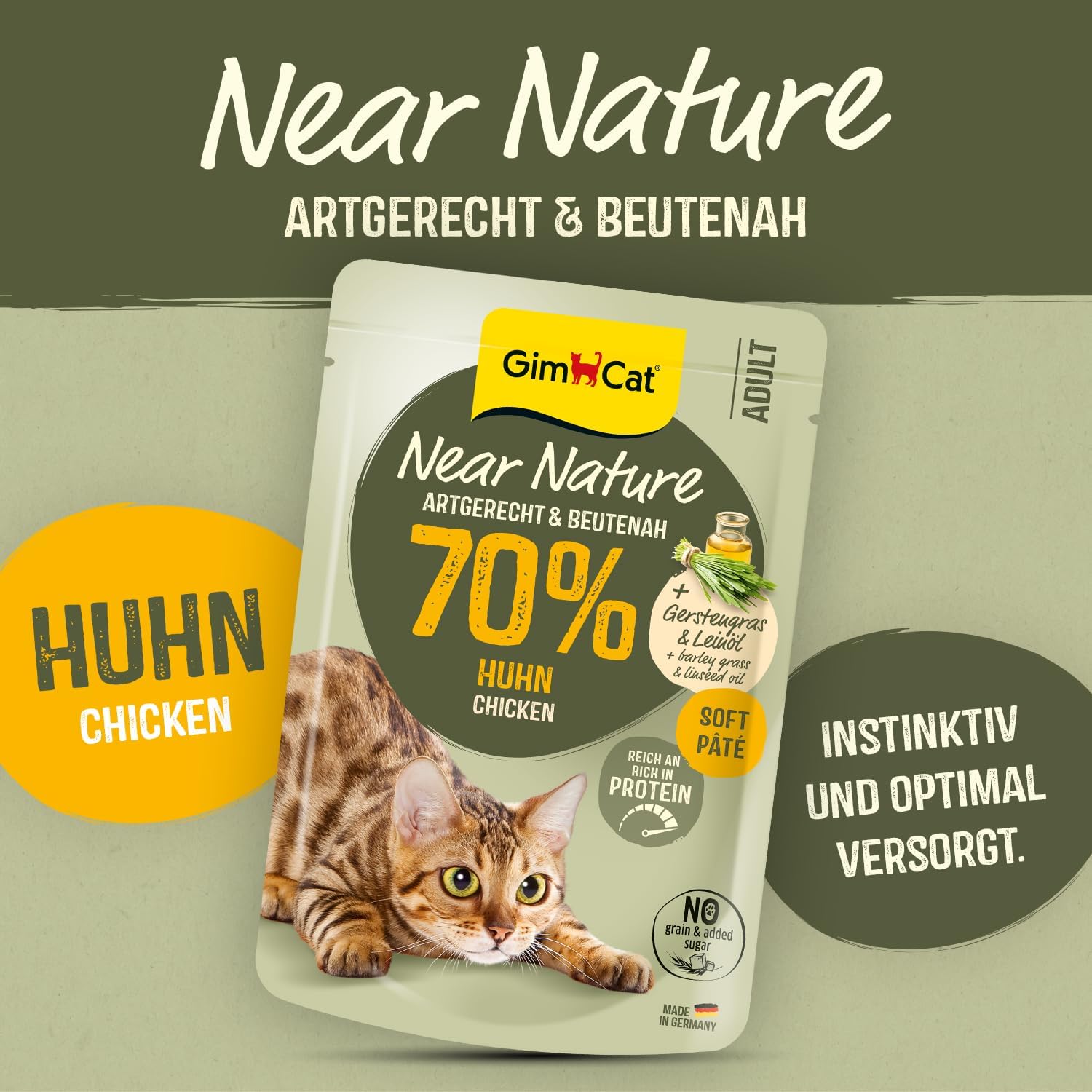 Detalle 2 de GimCat Near Nature Huhn – Getreidefreies Nassfutter für Katzen ab dem 7. Monat, 16 Beutel (16 x 85 g)
