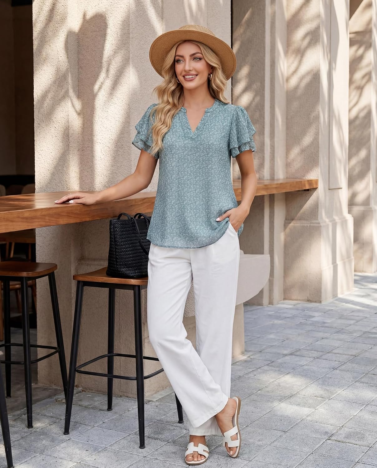 Thumbnail 6 de Lotusmile Women’s Dressy Chiffon Blouses with Petal Puff Short Sleeves (V-Neck) for Work & Summer