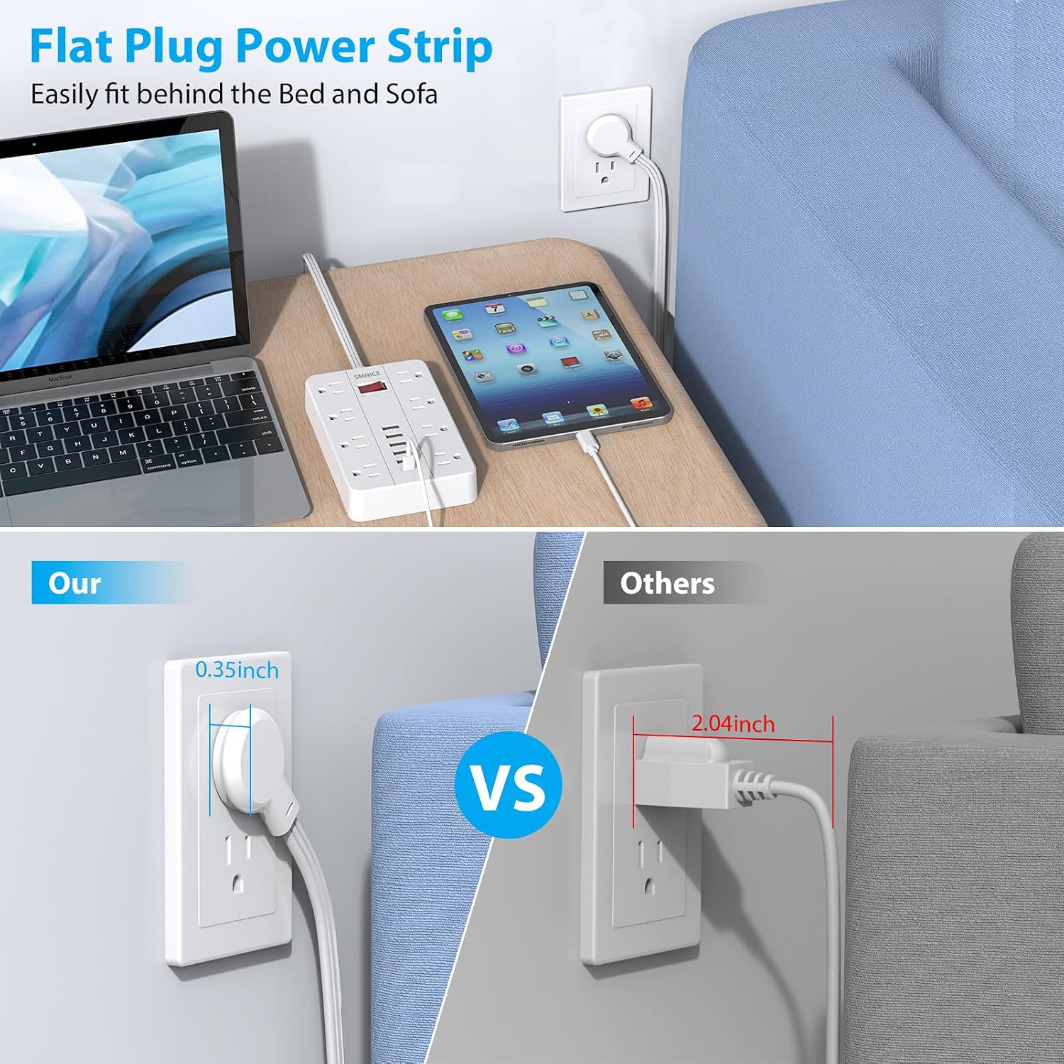 Detalle de SMNICE Power Strip with USB (Surge Protector, 8 Outlets + 6 USB Ports including USB-C), Flat Wall-Mountable Design
