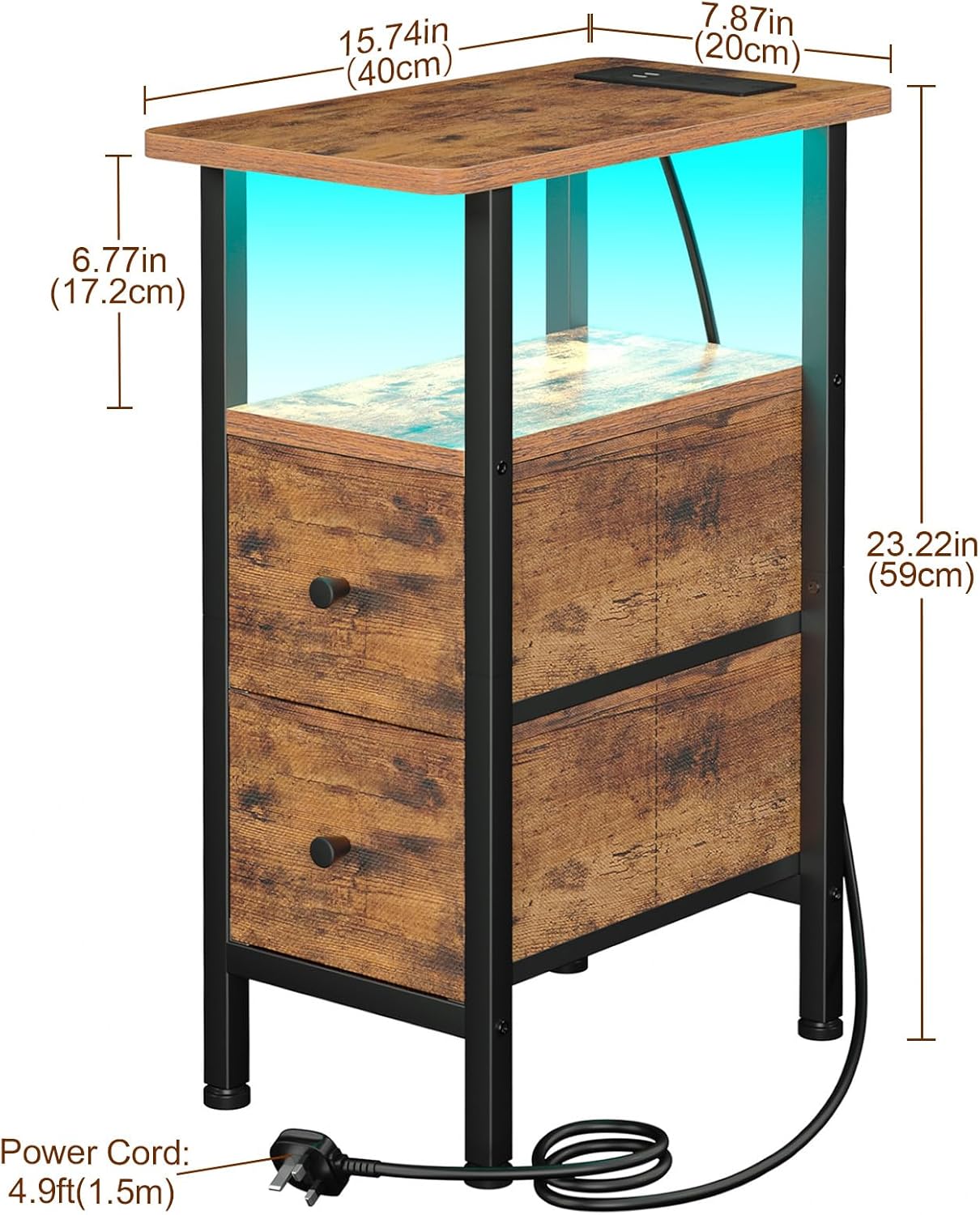 Detalle de LOAKEKEL Slim Bedside Table Set of 2 with Charging Station and LED Lights (Brown)