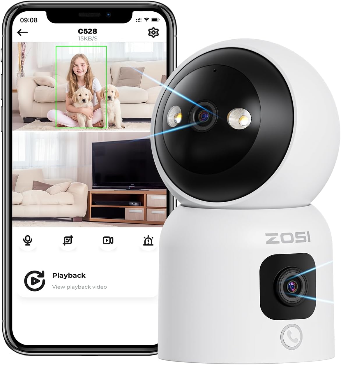 Detalle de ZOSI C528 2K Dual‑Lens Indoor Camera