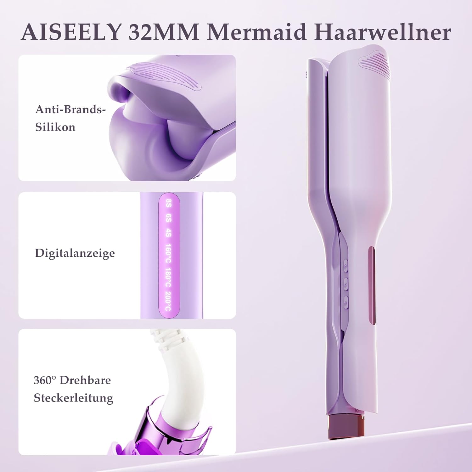 Thumbnail 5 de AISEELY 32mm Welleneisen für Haare – Beach Waves Lockenstab in Lila mit Timer, Abschaltautomatik und Hitzeschutz