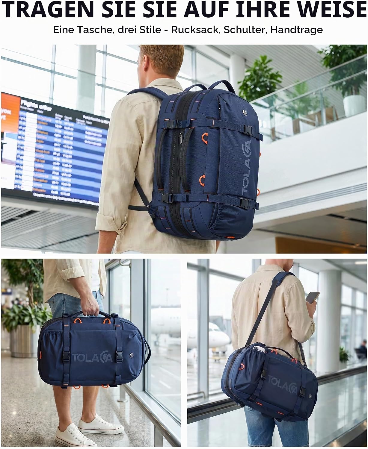 Detalle de Tolaccea Reiserucksack – Handgepäck-Rucksack mit 40–50 L, 15,6 Zoll Laptopfach, TSA-freundlich, erweiterbar und vielseitig einsetzbar