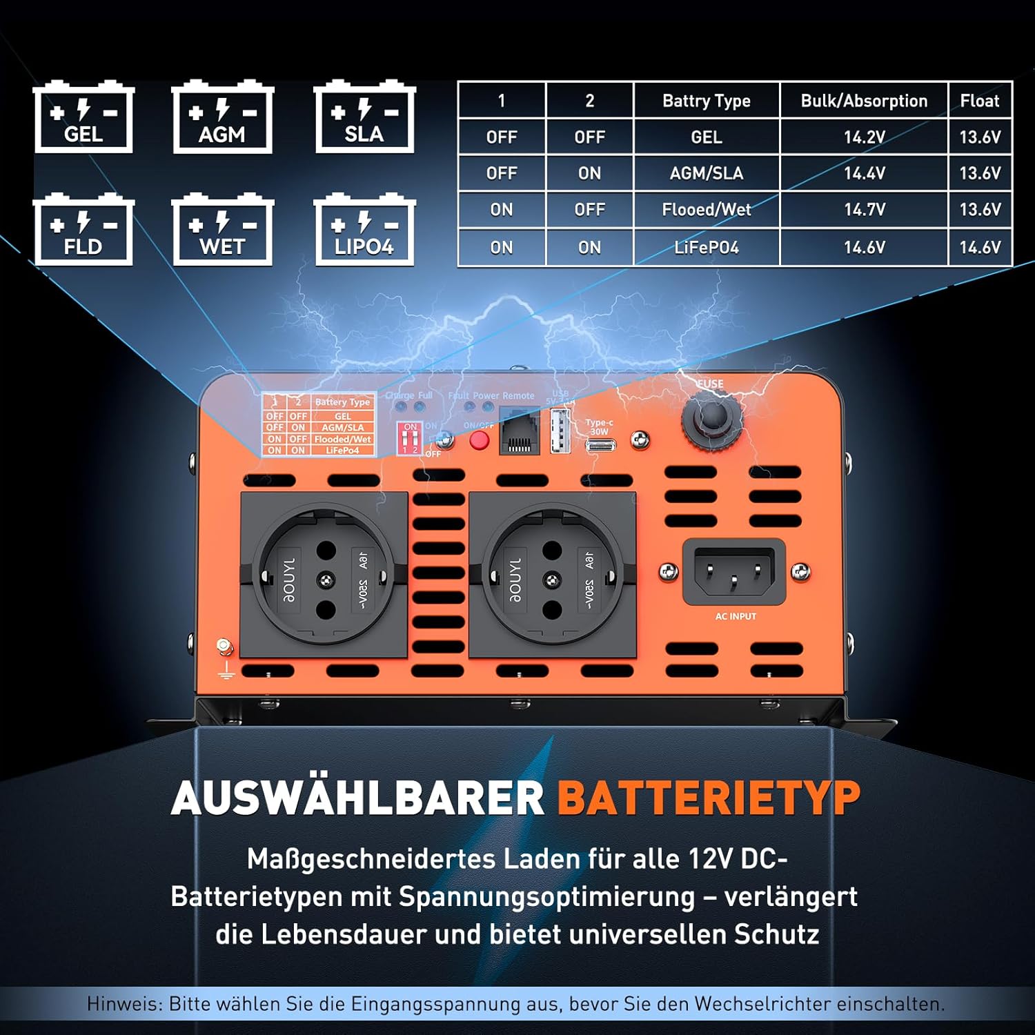 Detalle de Invertitore Onda Pura 12V→220V 2500W con UPS, priorità di rete e telecomando LCD (25A)