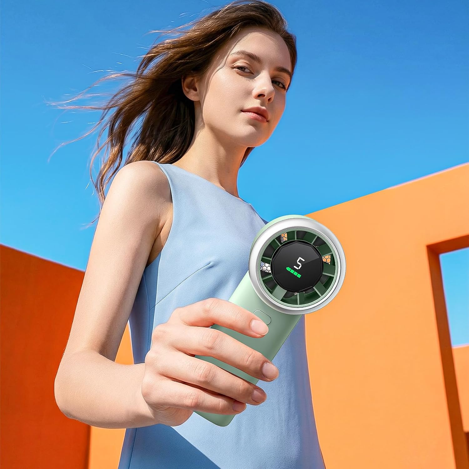 Detalle 2 de WHATOOK Portable Handheld Turbo Fan — 5 Speeds, 4000mAh Battery, Mint Green
