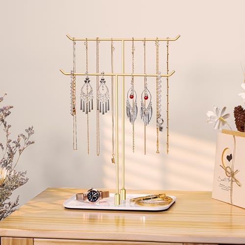 Detalle de Josmimic Necklace Holder Jewellery Stand – Gold, Two-Tier, Non-Slip Base