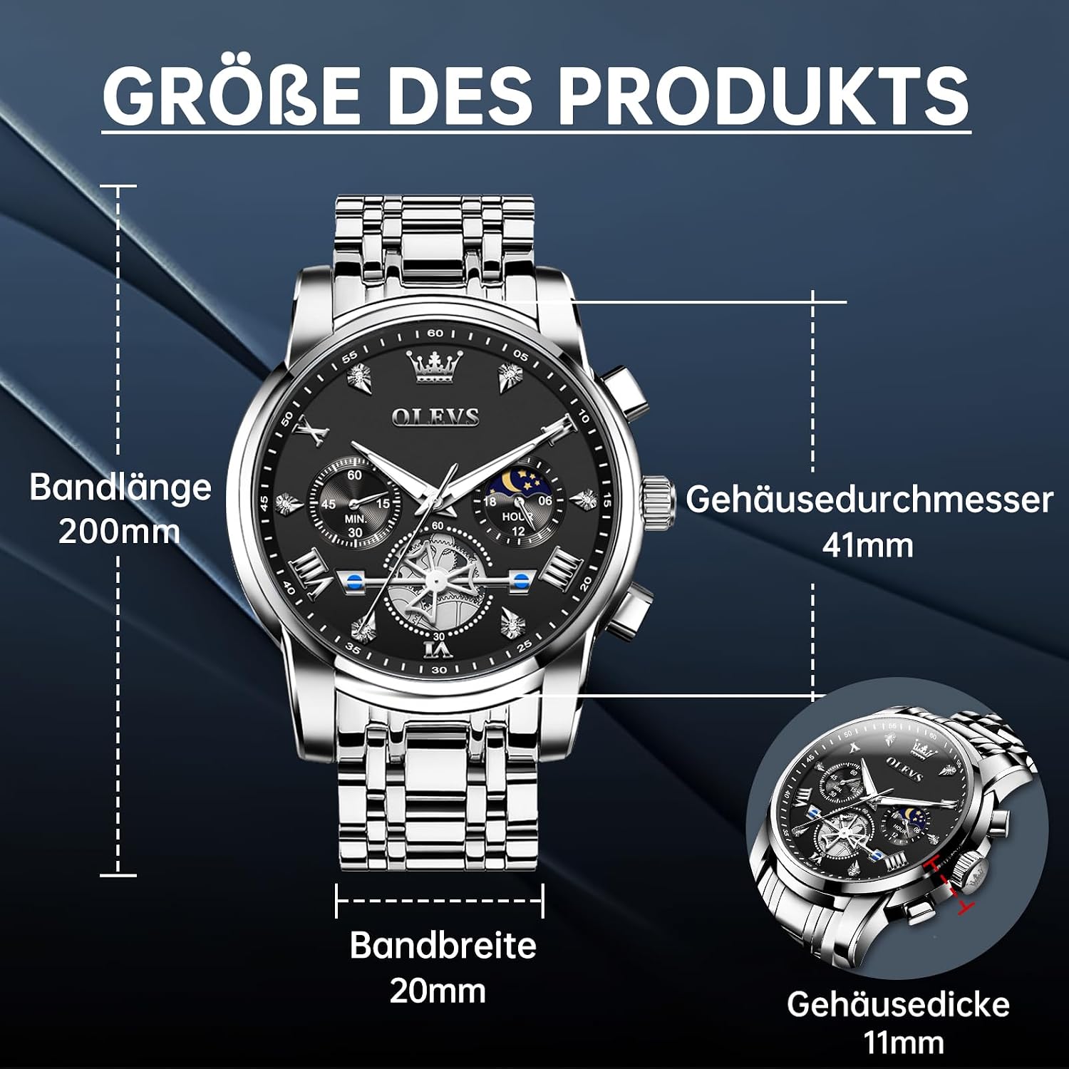 Thumbnail 5 de OLEVS Herren Chronograph Quarz-Uhr mit Analog-Anzeige, wasserdicht bis 30 m, leuchtenden Markierungen aus Edelstahl