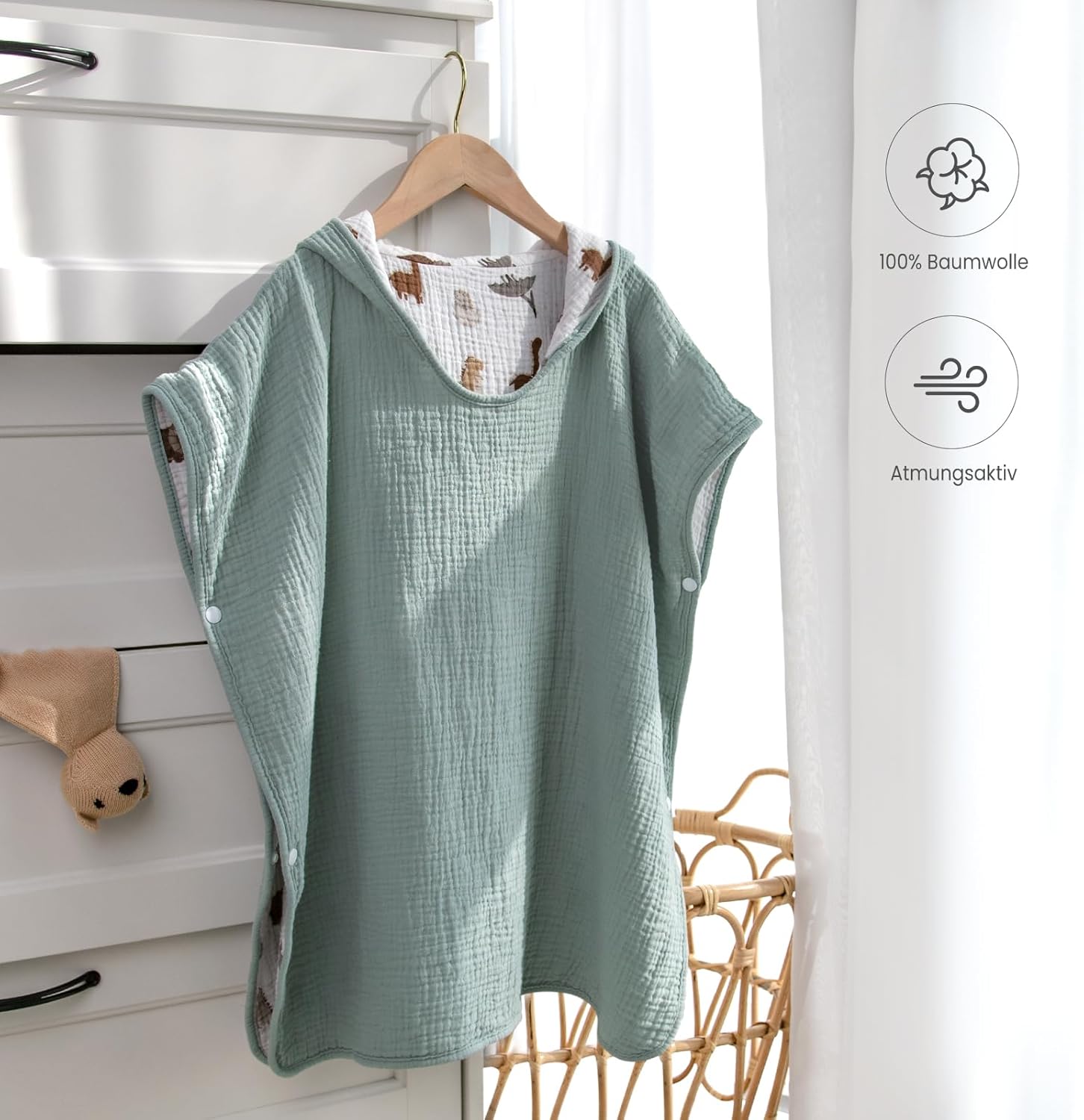 Thumbnail 6 de lulumoon Badeponcho Kinder Kapuzenhandtuch aus Musselin-Baumwolle 60 × 60 cm – Salbei Grün