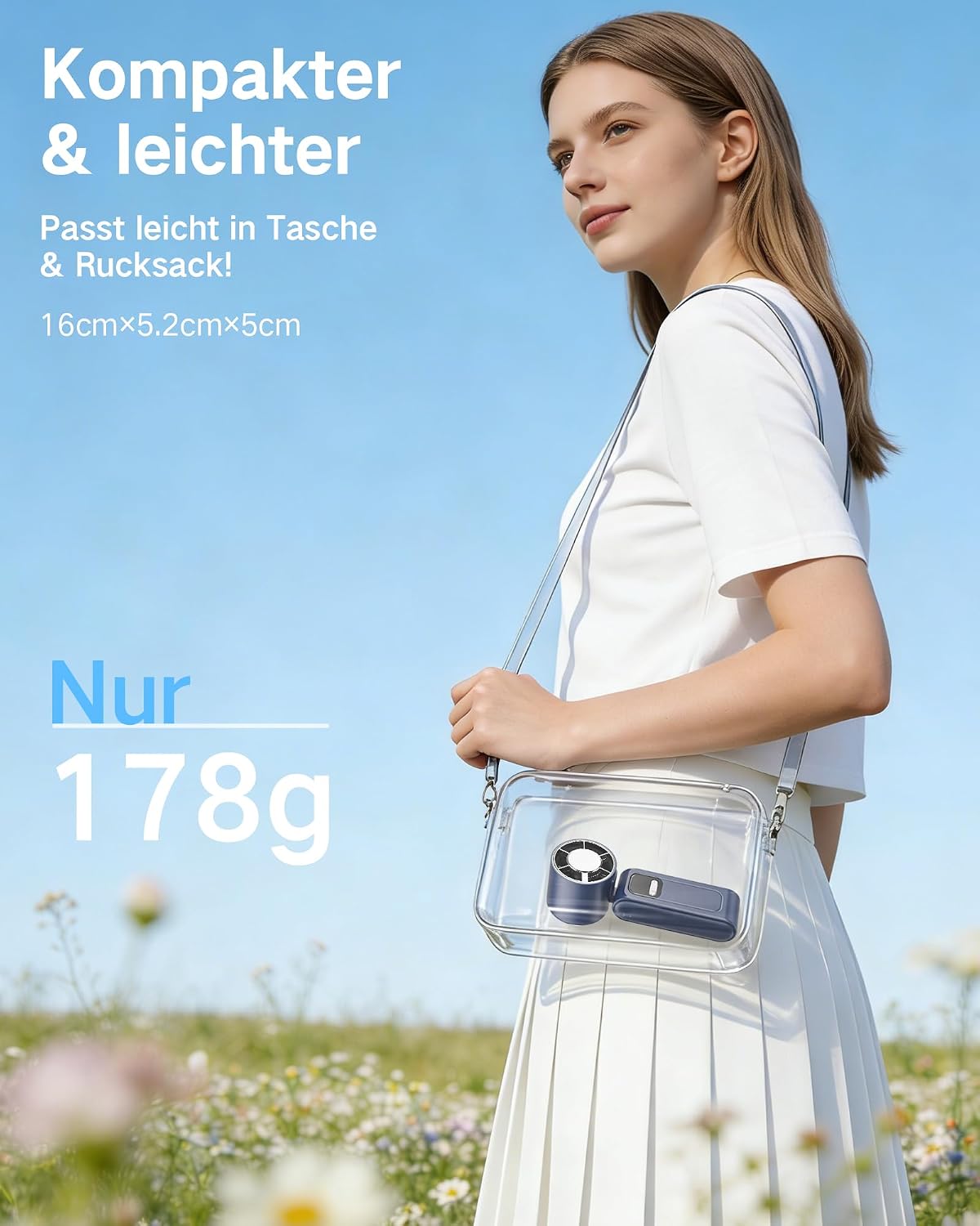 Detalle de Foumteex 2026 Neu: Tragbarer 3-in-1 Handventilator mit 16000 U/min, 5000 mAh Akku, USB-C Schnellladung und 16 Std. Laufzeit