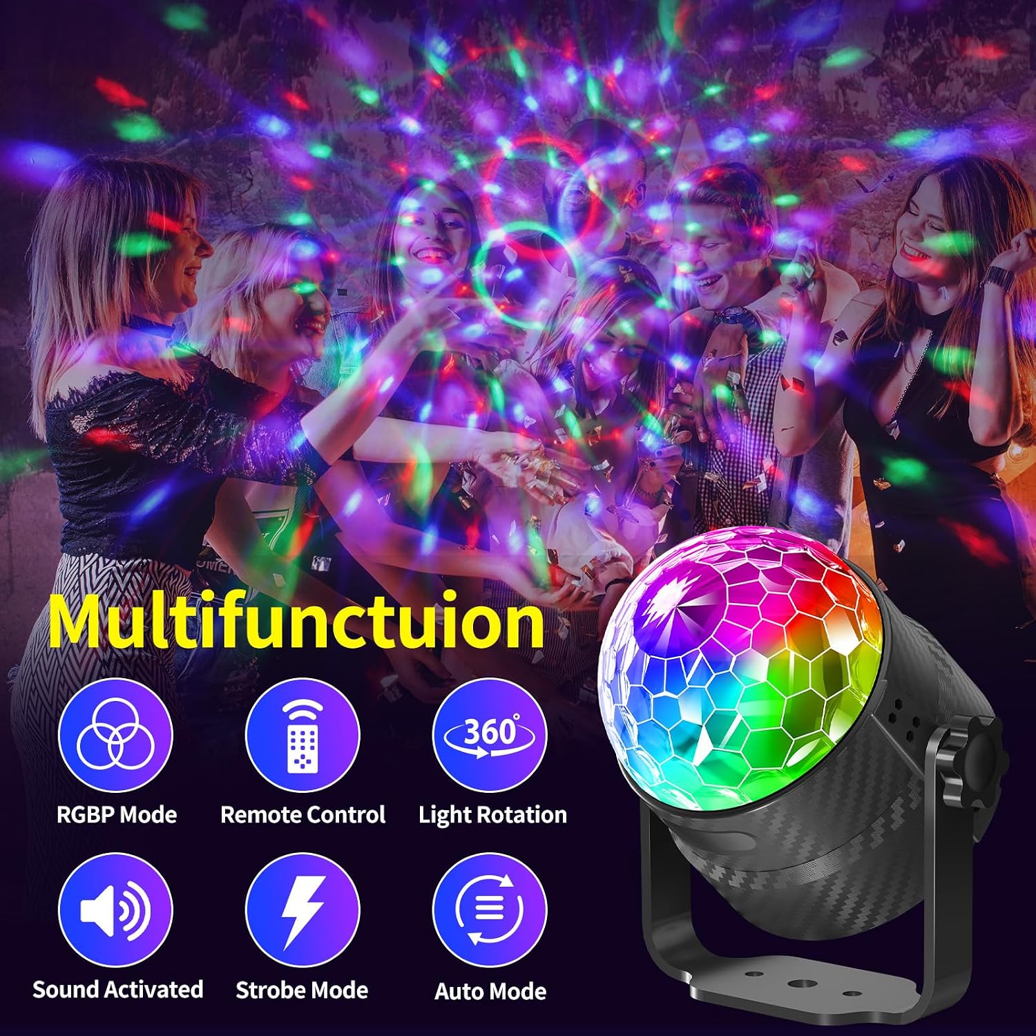 Detalle de Gobikey Luces discoteca: bola giratoria 360° con control musical y 15 efectos RGBP