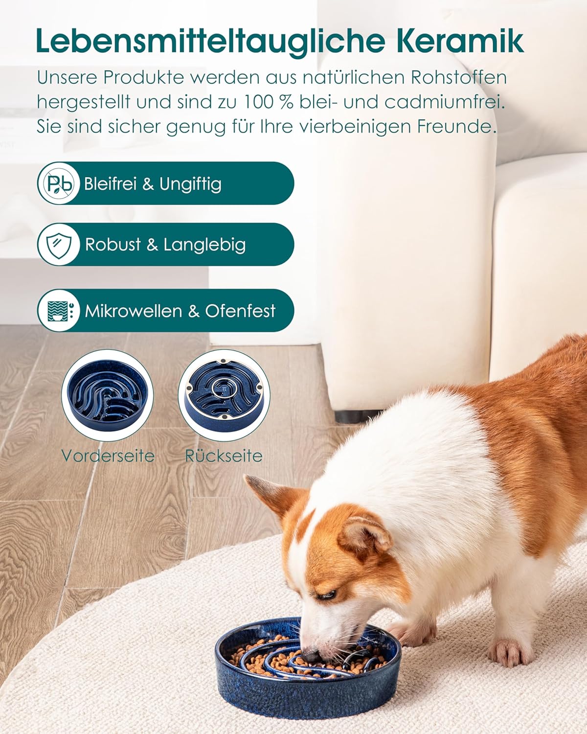 Detalle 2 de vancasso Hundenapf 960 ml Keramik – Anti-Schling Napf mit rutschfestem Design, blau