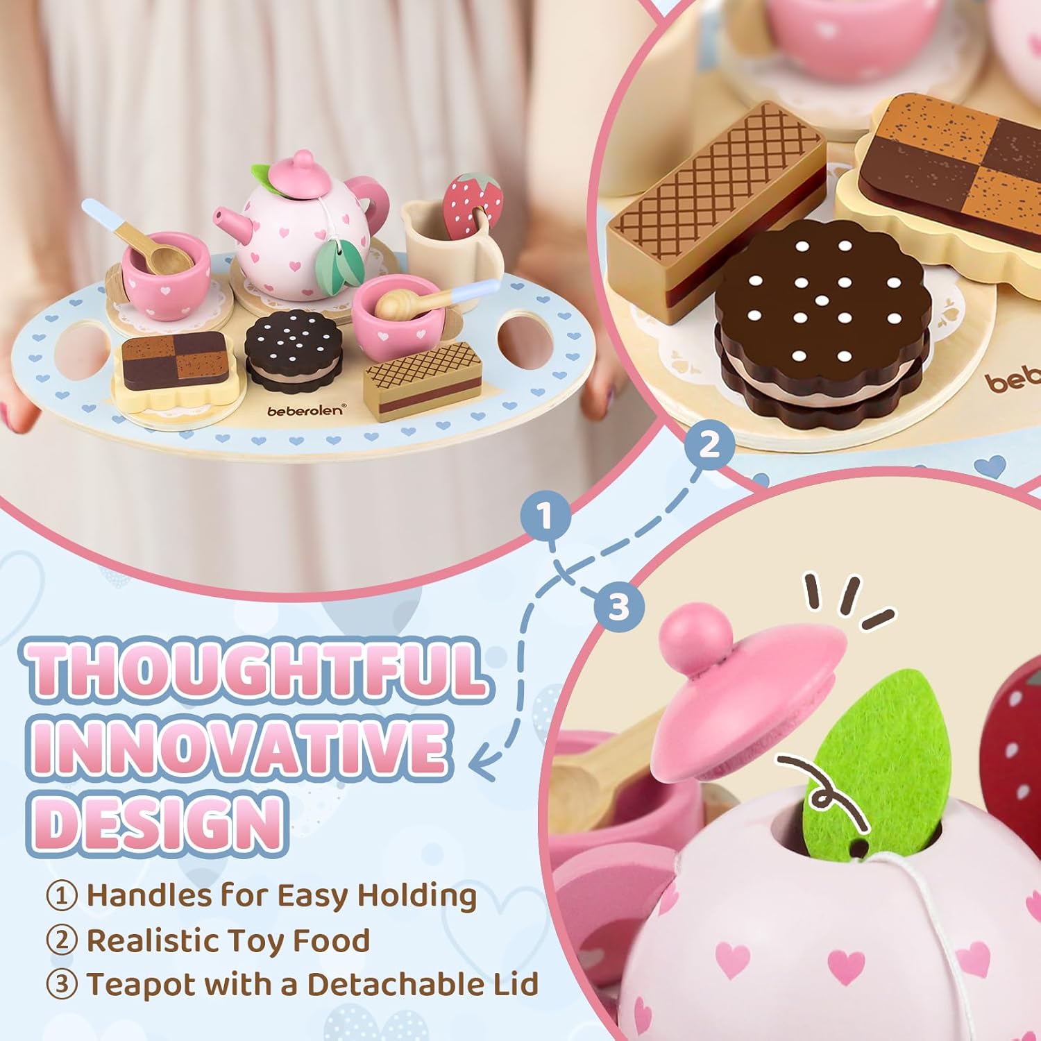 Detalle de Beberolen Wooden Tea Set for Toddlers (pretend afternoon tea play set) with biscuits and teapot
