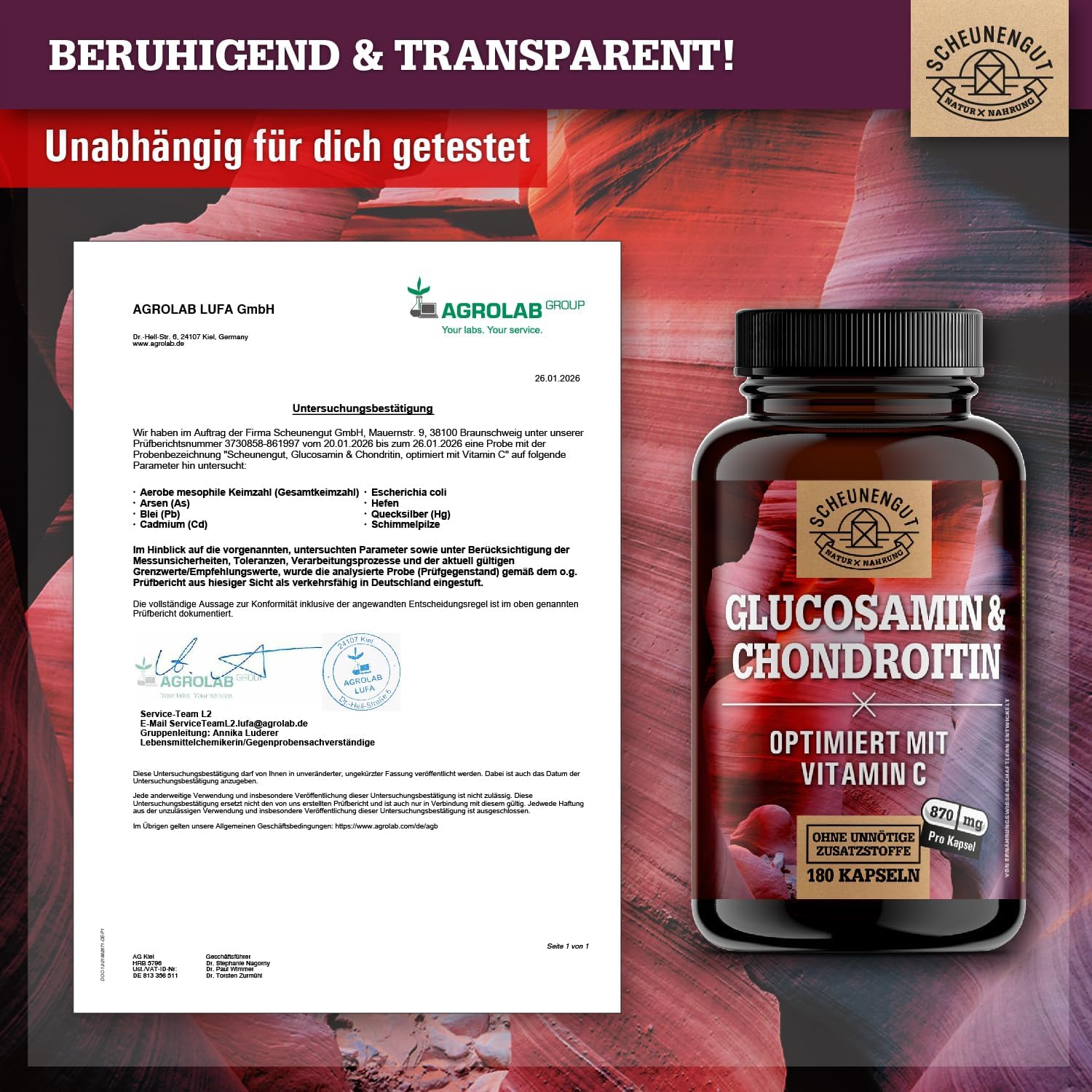 Thumbnail 6 de Glucosamin Chondroitin Hochdosiert (2.630 mg/Tag) mit Vitamin C – DE Scheunengut® Kapseln, laborgeprüft