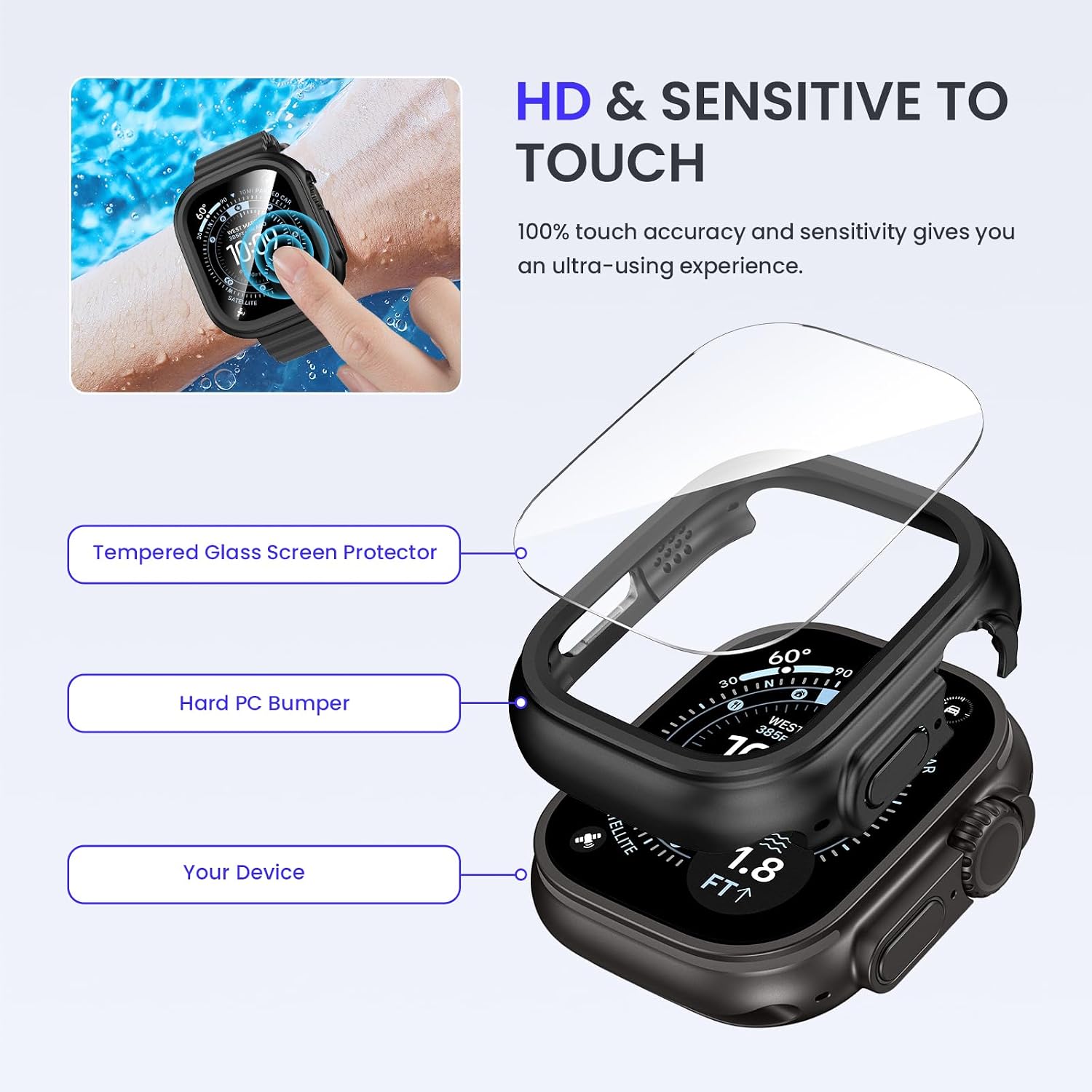 Detalle de Kamita Waterproof Case for Apple Watch Ultra 3/2/1 49mm with Built-In Screen Protector