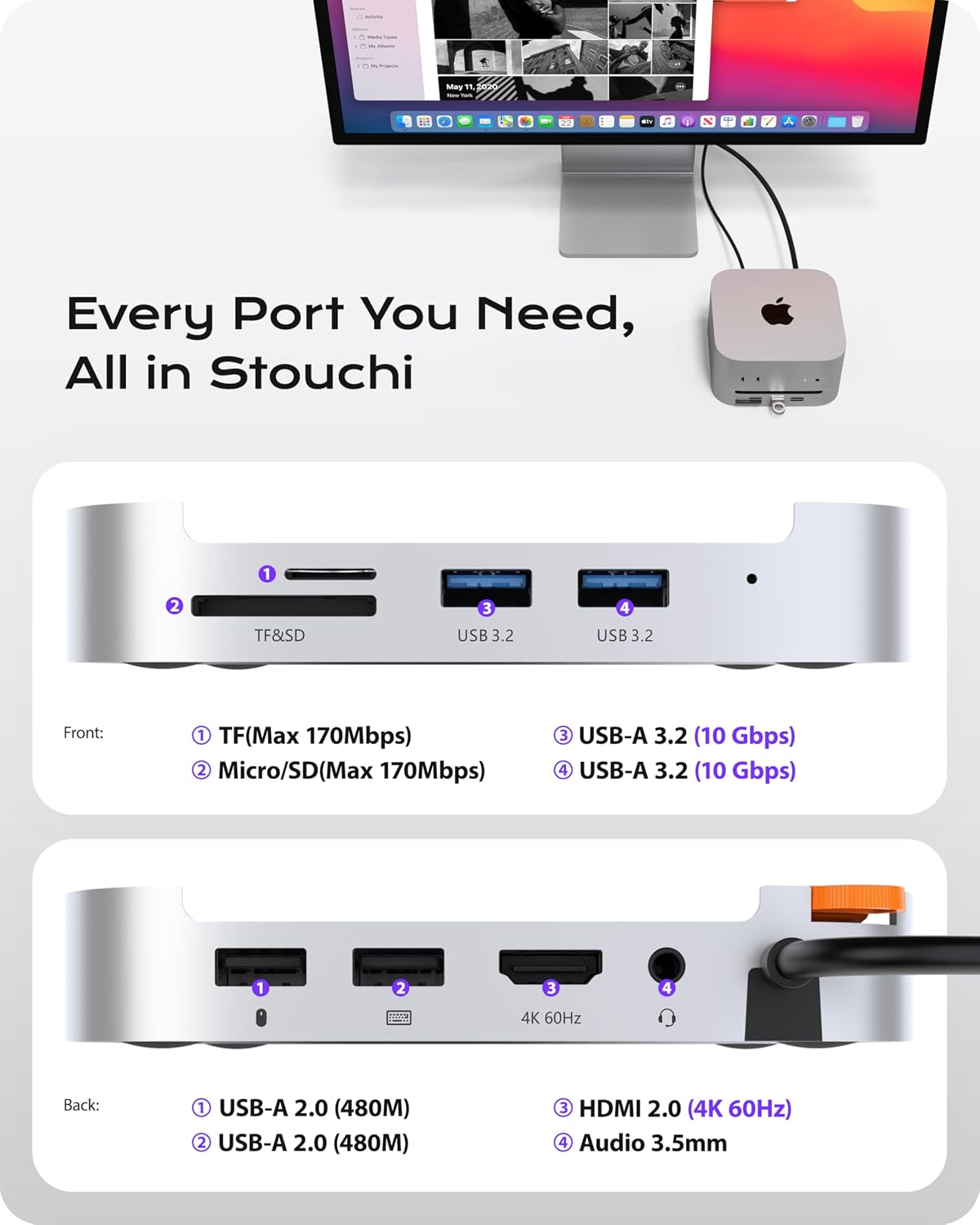 Detalle de Stouchi Mac Mini M4 Dock: 8TB SSD Enclosure, 8-Port Hub & Power Button for a Neat Mac Mini Setup