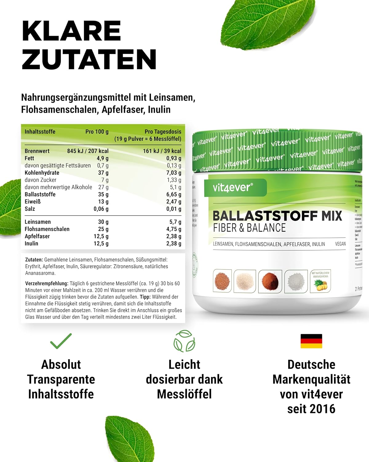 Thumbnail 5 de vit4ever Ballaststoffe Kombi (400 g) – Ballaststoffpulver mit Flohsamenschalen, Inulin & natürlichem Ananasaroma