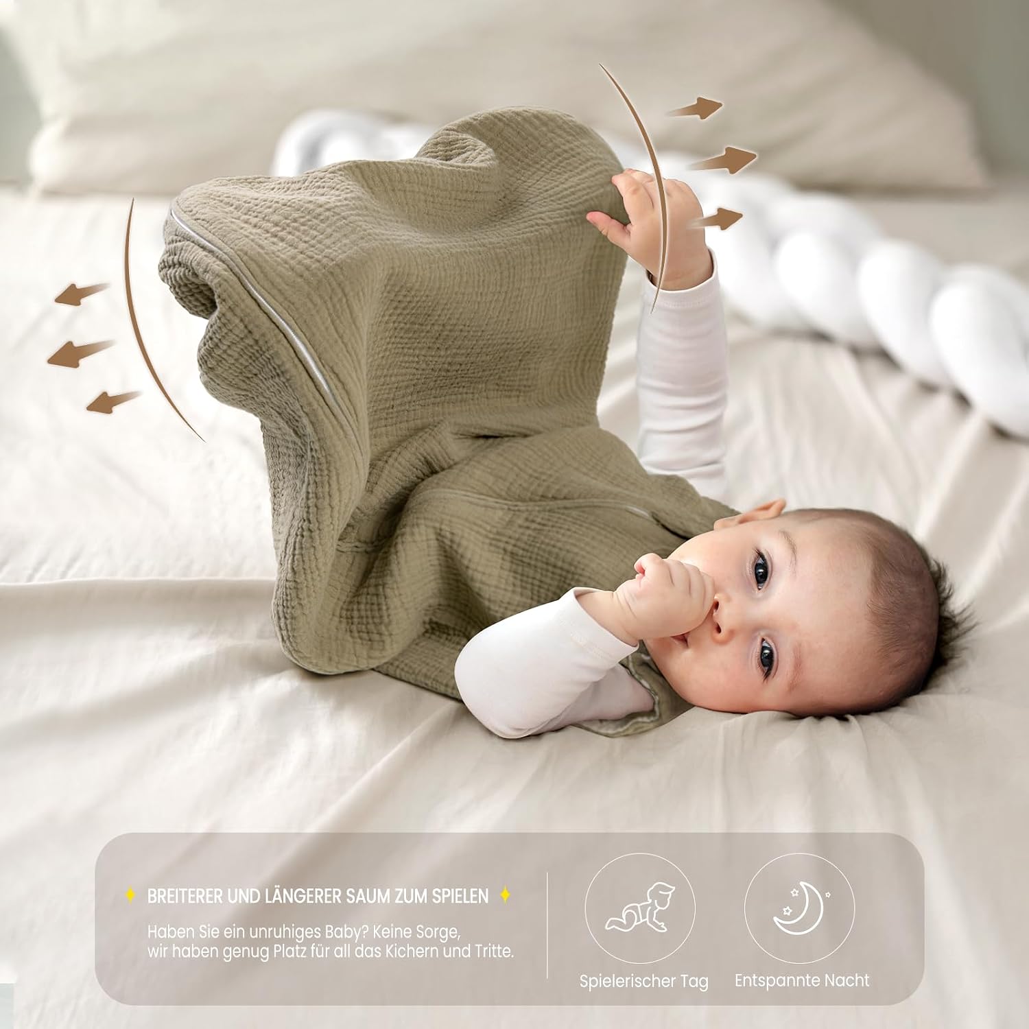 Detalle 2 de lulumoon Baby-Schlafsack (3–9 Monate) aus Musselin – doppellagig, Baumwolle, TOG 0,7, YKK-Reißverschluss