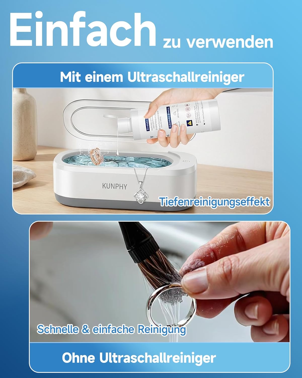 Detalle de KUNPHY Ultraschallreiniger Konzentrat (120 ml) für Schmuck, Brillen, Silber und Uhren