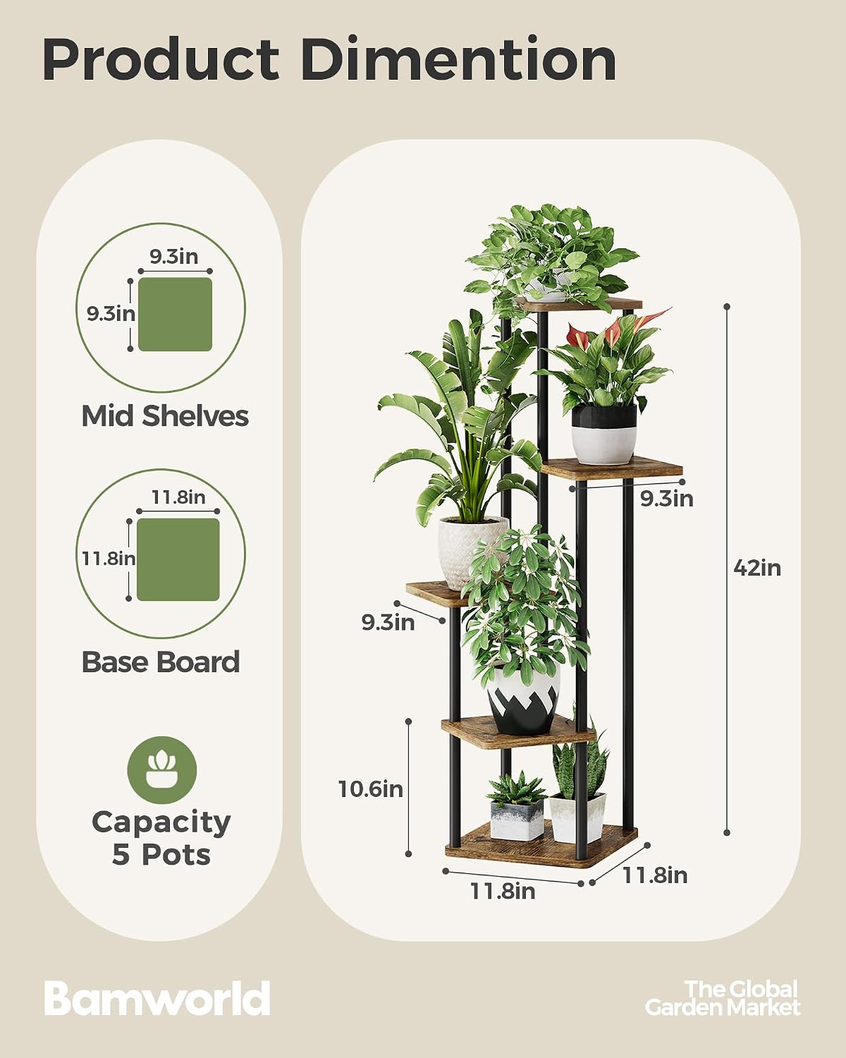 Detalle 2 de Bamworld HTMYX-5T-BLK 5-Tier Corner Plant Stand with Metal Frame