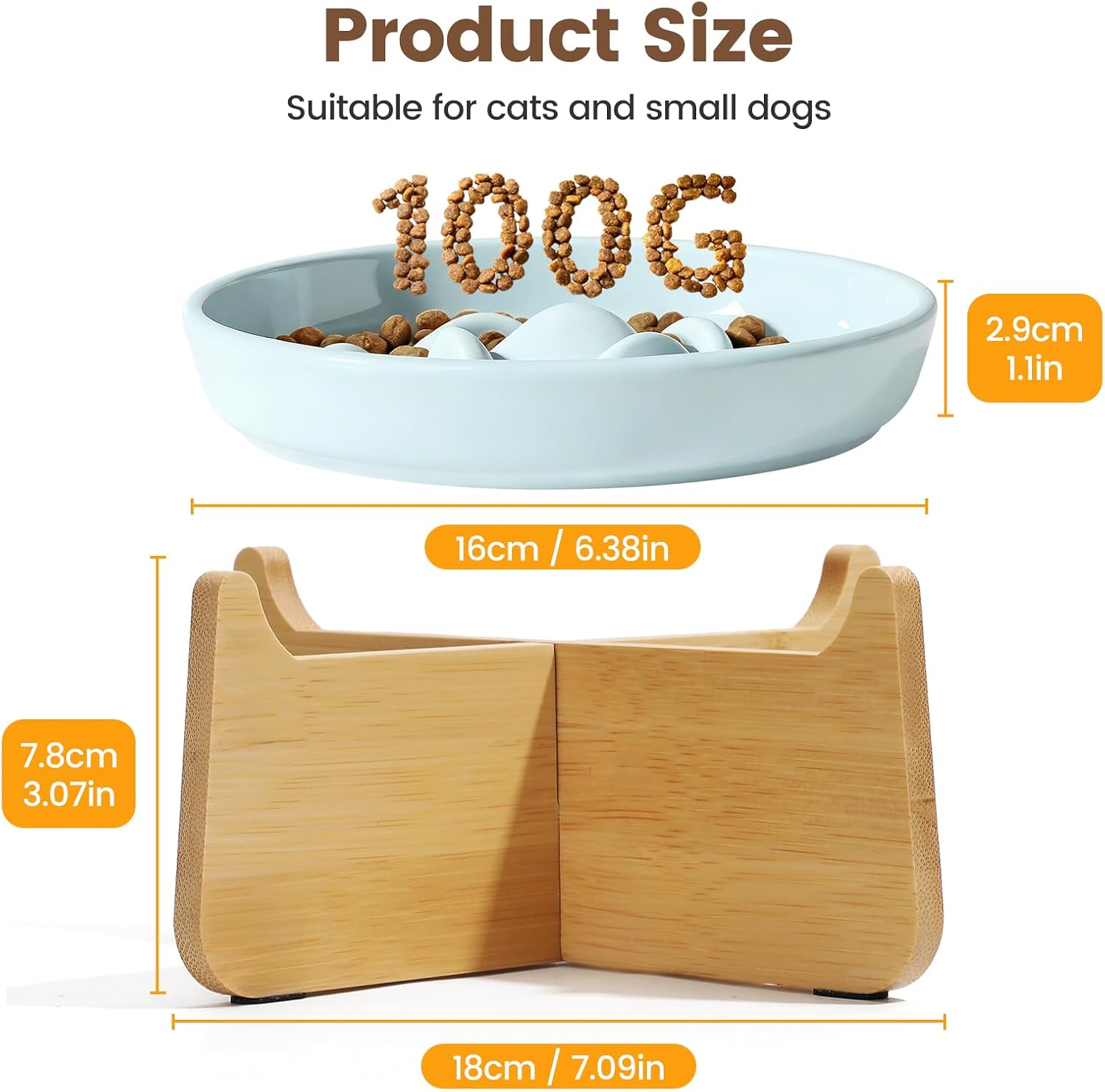 Detalle de PETTOM Slow Feeder Cat Bowl Ceramic with Bamboo Stand – Raised Rim, Spill-Proof and Whales-Inspired Design