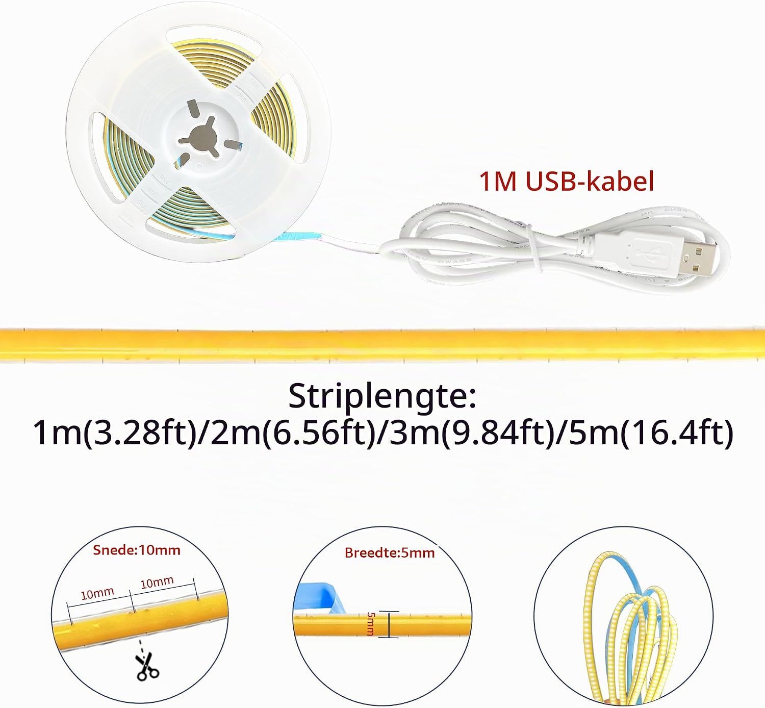 Detalle de Clearhill 5VCOB5MM-USB-5-3000K COB-ledstrip, 5 m, 3000 K, 400 leds/m, 5 mm