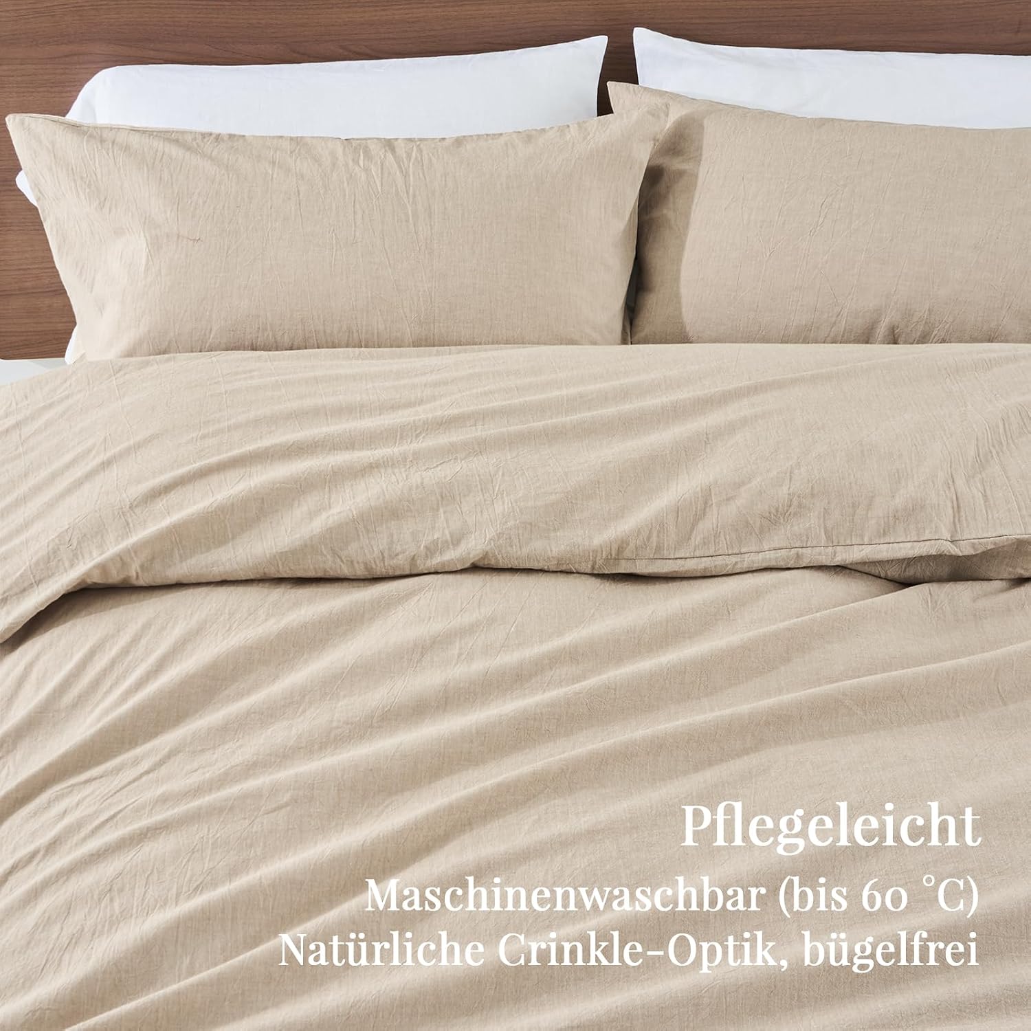 Detalle de Duvetnova Bettwäsche 200x220 aus vorgewaschener Baumwolle mit Leinenstruktur (Beige), 2 Kissenbezüge 80x80