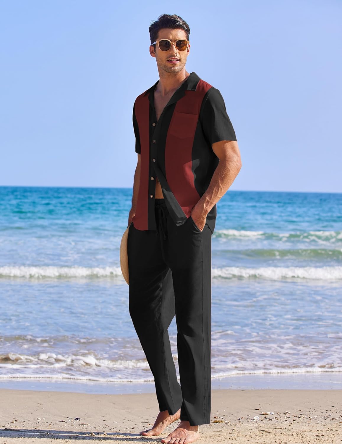 Thumbnail 6 de COOFANDY Men 2 Piece Linen Outfit: Beach Button-Down Shirt and Loose Pants Set