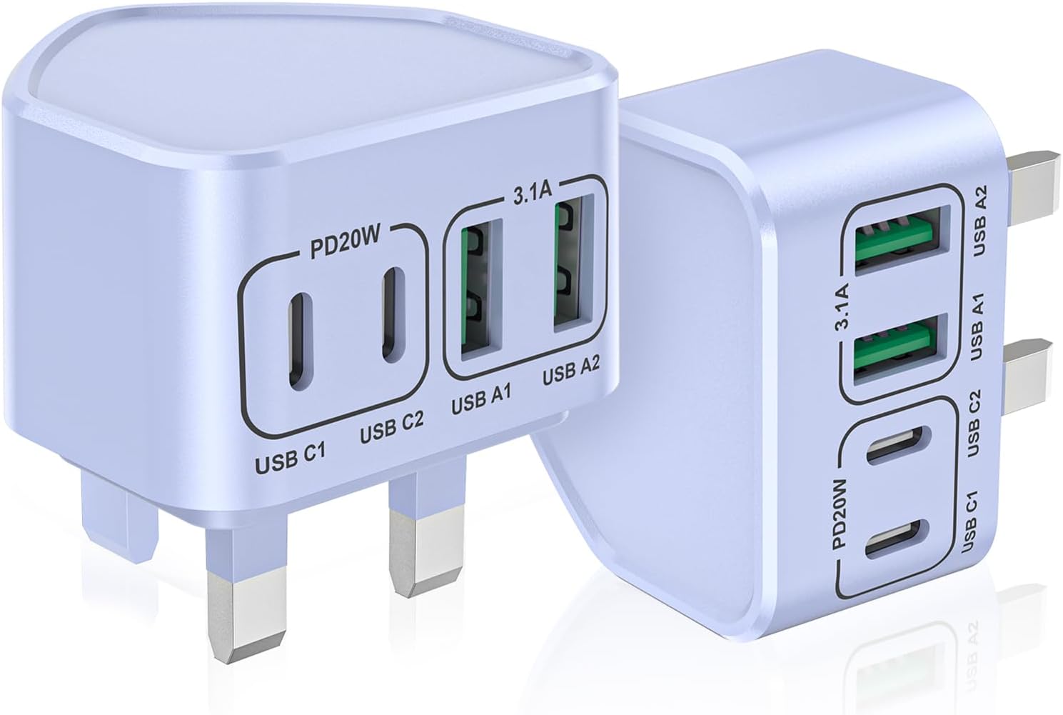 Detalle de USB C Plug Fast Charge 40W 4-Port UK Charger Plug (2-Pack) – Dual USB-C + Dual USB-A