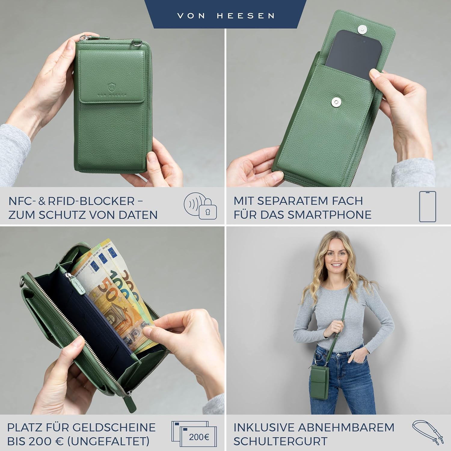 Detalle 2 de VON HEESEN Leder Handy-Geldbörse mit RFID-Schutz – Grüne Echtleder-Handytasche mit Wallet-Funktion für Damen & Herren