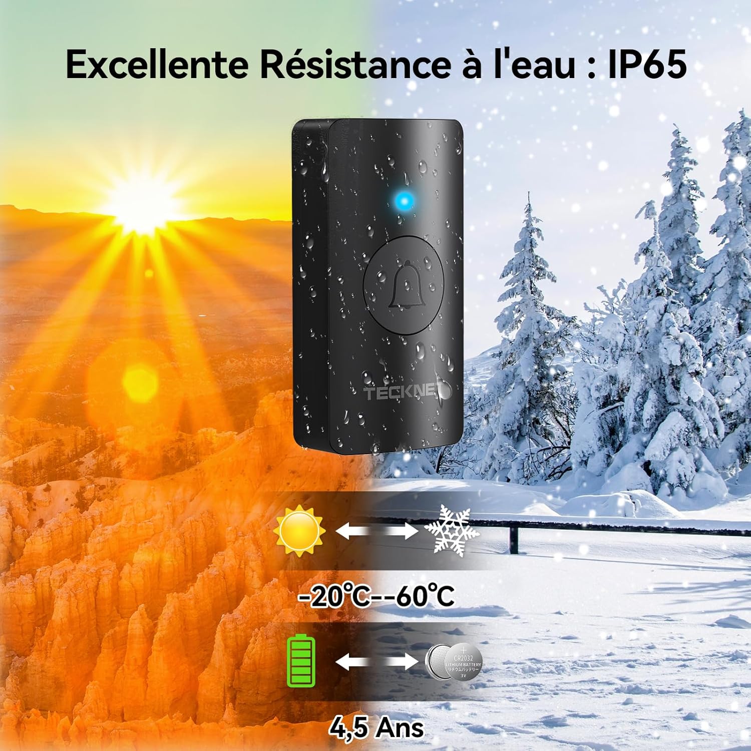 Detalle 2 de TECKNET Sonnette sans Fil Extérieure IP65 – 2 émetteurs + 1 récepteur à piles, portée 400 m